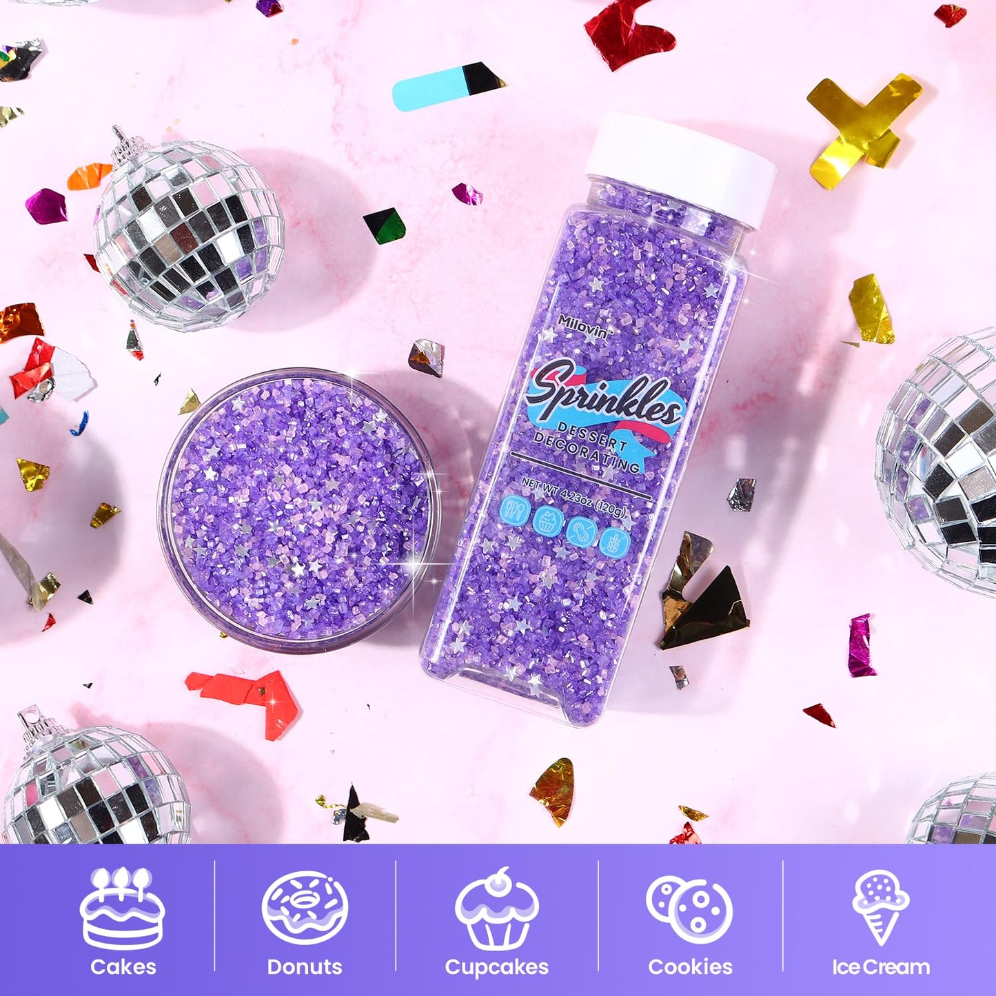 Purple Sanding Sugar for Baking, Pink Sanding Sugar, Sanding Sugar Metallic Silver Glitter Mix, Shimmer silver star sprinkles, Pink and Purple Sprinkles for Baking, Cupcakes, Cakes, Cookies, Macaron, and Ice Cream(4.23oz/120g)