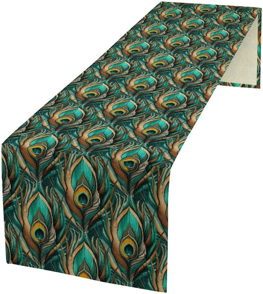 Peacock Feather Table Runner,Retro Aesthetic Green Table Runner for Home Kitchen Dining Party Indoor Outdoor Decoration 13x36 Inch