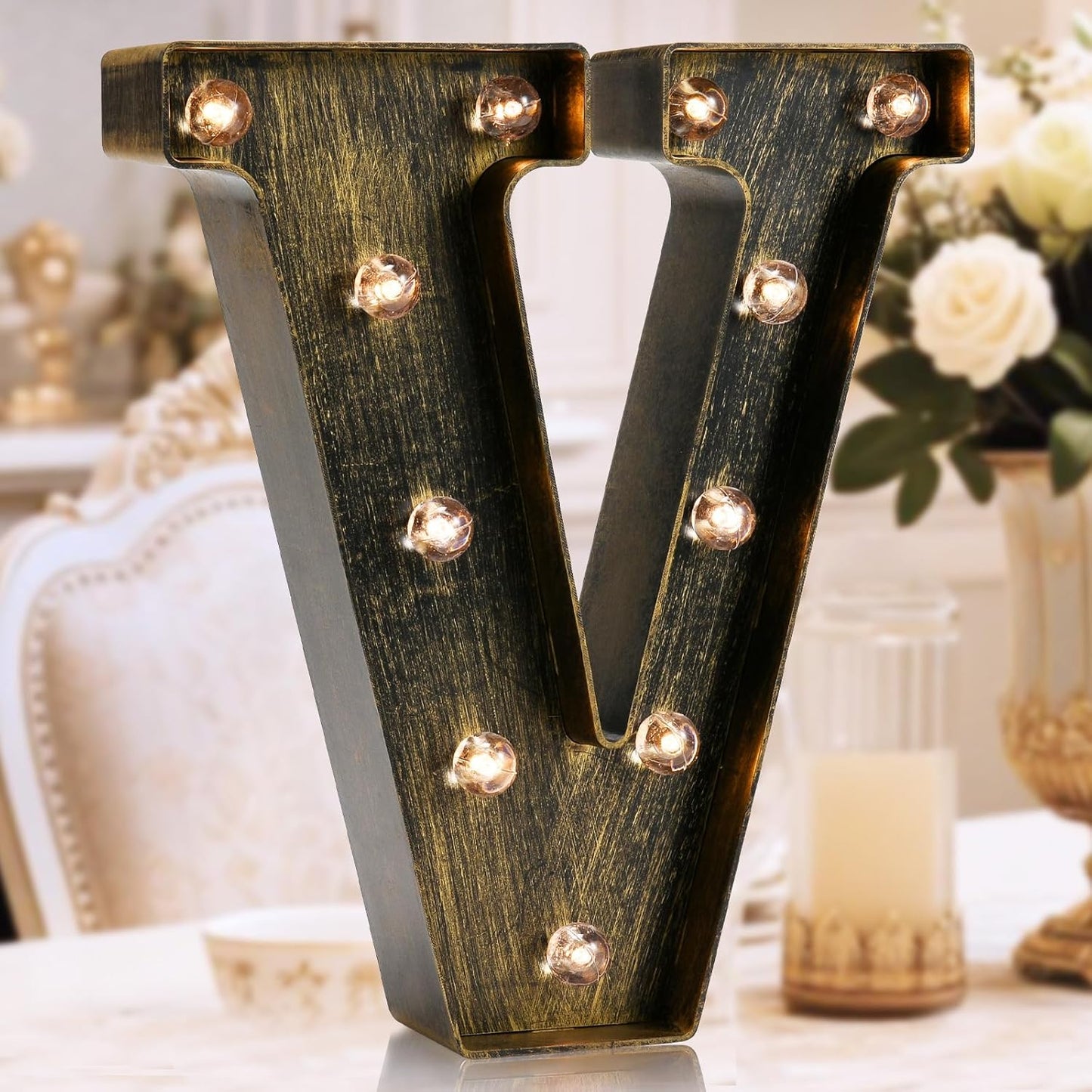 OYCBUZO Golden Black Led Marquee Letter - Industrial, Vintage Style Light Up Alphabet Letter Sign for Cafe Wedding Birthday Party Christmas Lamp Home Bar Initials Decor - V