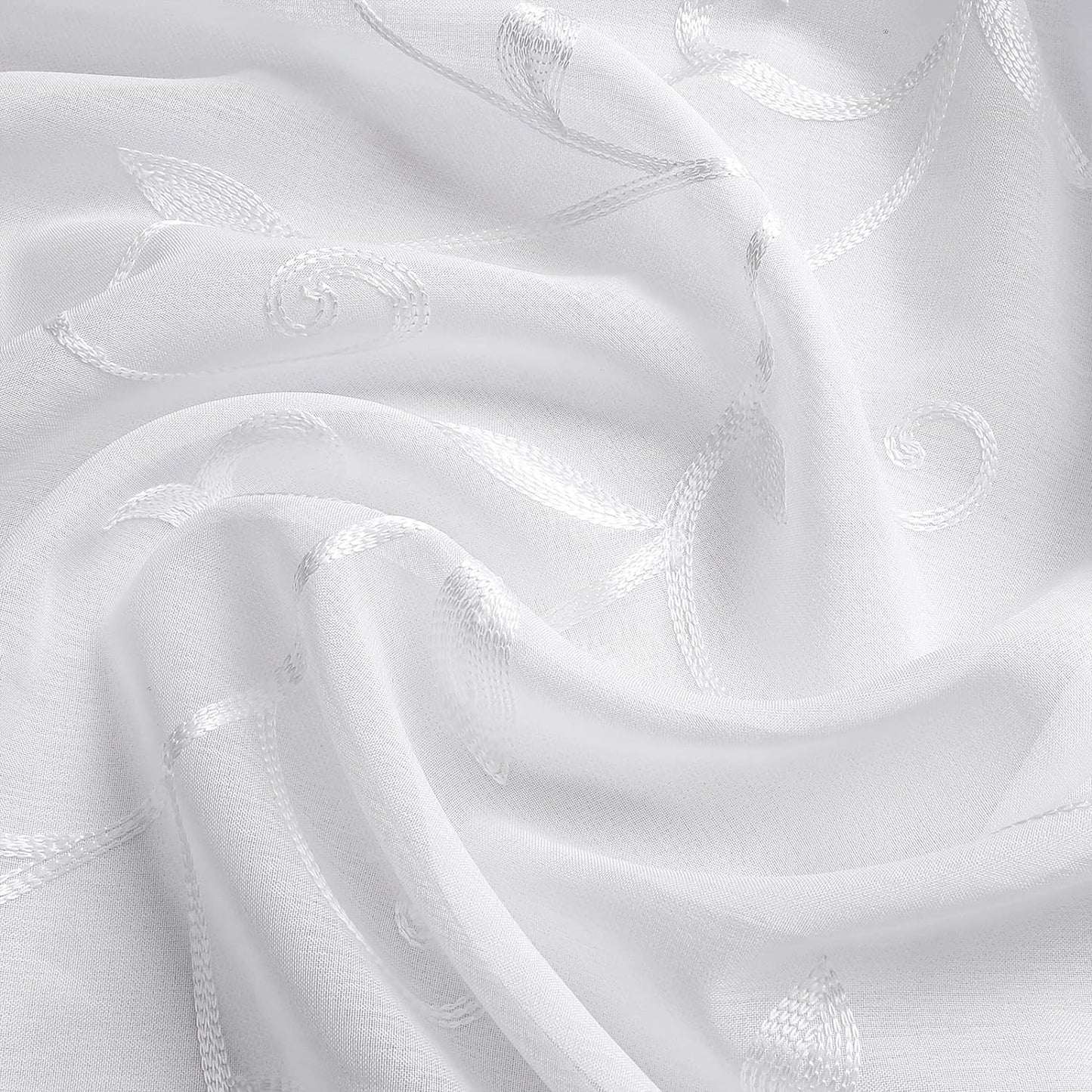 VISIONTEX White Sheer Voile Curtains, Decorative Leaves Embroidery Faux Linen Rod Pocket Window Drapes for Home Kitchen, Living Room and Bedroom 26 x 36 Inch, Set of 2 Curtain Panels