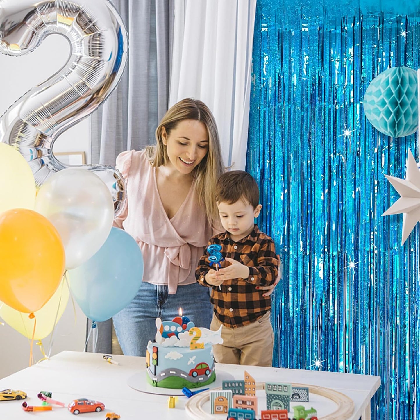 Tinsel Curtain Party Backdrop Blue Birthday Decorations 2 Packs Glitter Foil Fringe Curtain Party Decor Streamers Photo Booth for Birthday Christmas Wedding Halloween Graduation Decorations