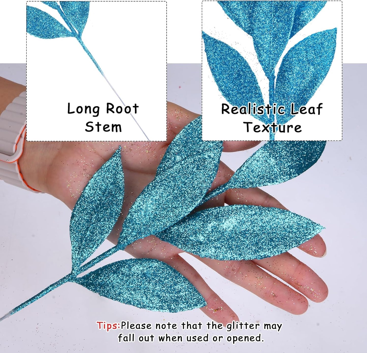 GREENTIME 12 Pack Artificial Blue Glitter Leaves 13" Fake Christmas Picks Decorative Glitter Sticks for Vase Christmas Tree DIY Wreath Crafts Fireplace Decor