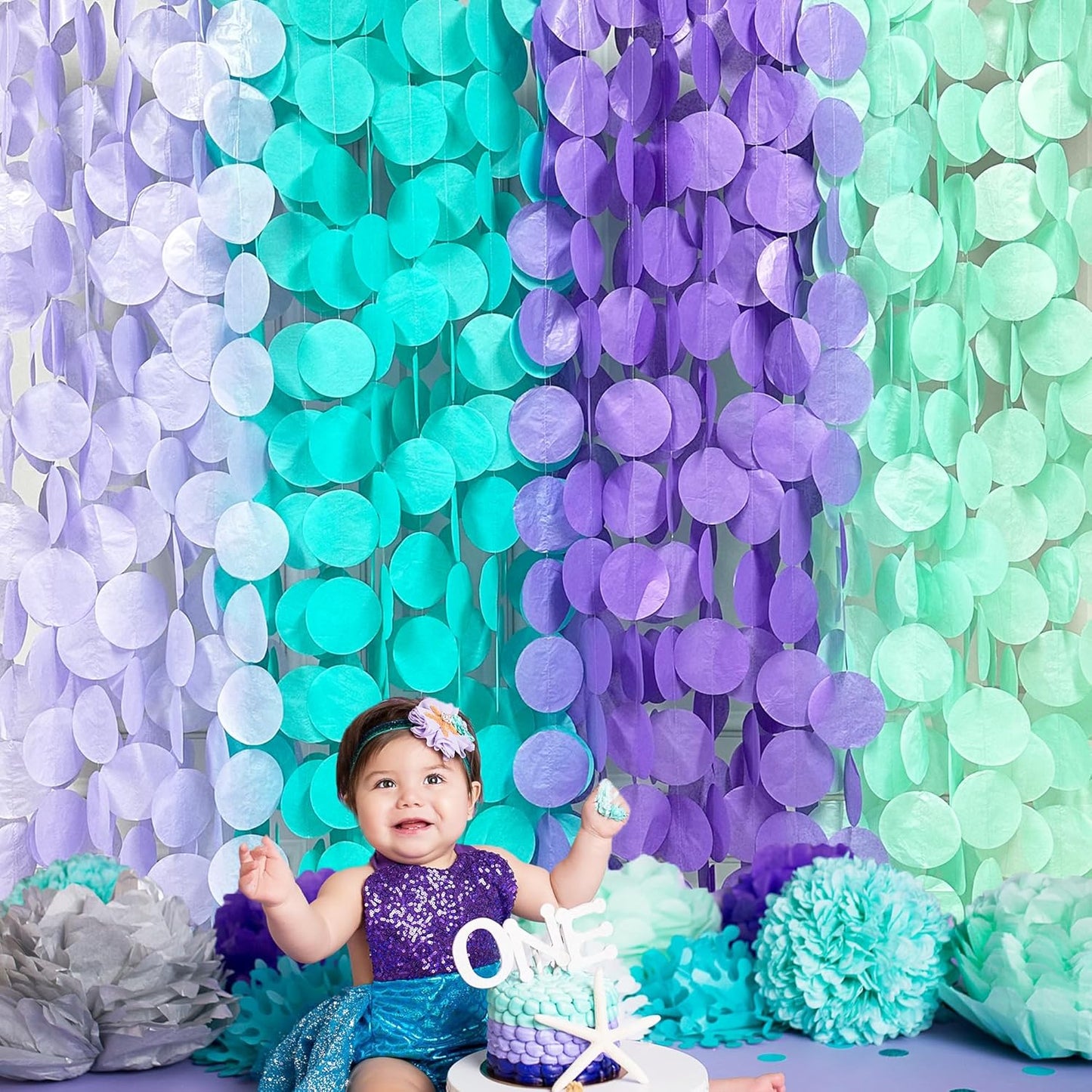 205Ft Purple Teal Big Circle Dot Backdrop Streamer Tissue Paper Polka Dot Hanging Garland for Mermaid Under The Sea Birthday Bachelorette Wedding Baby Shower Engagement Party Decorations Supplies