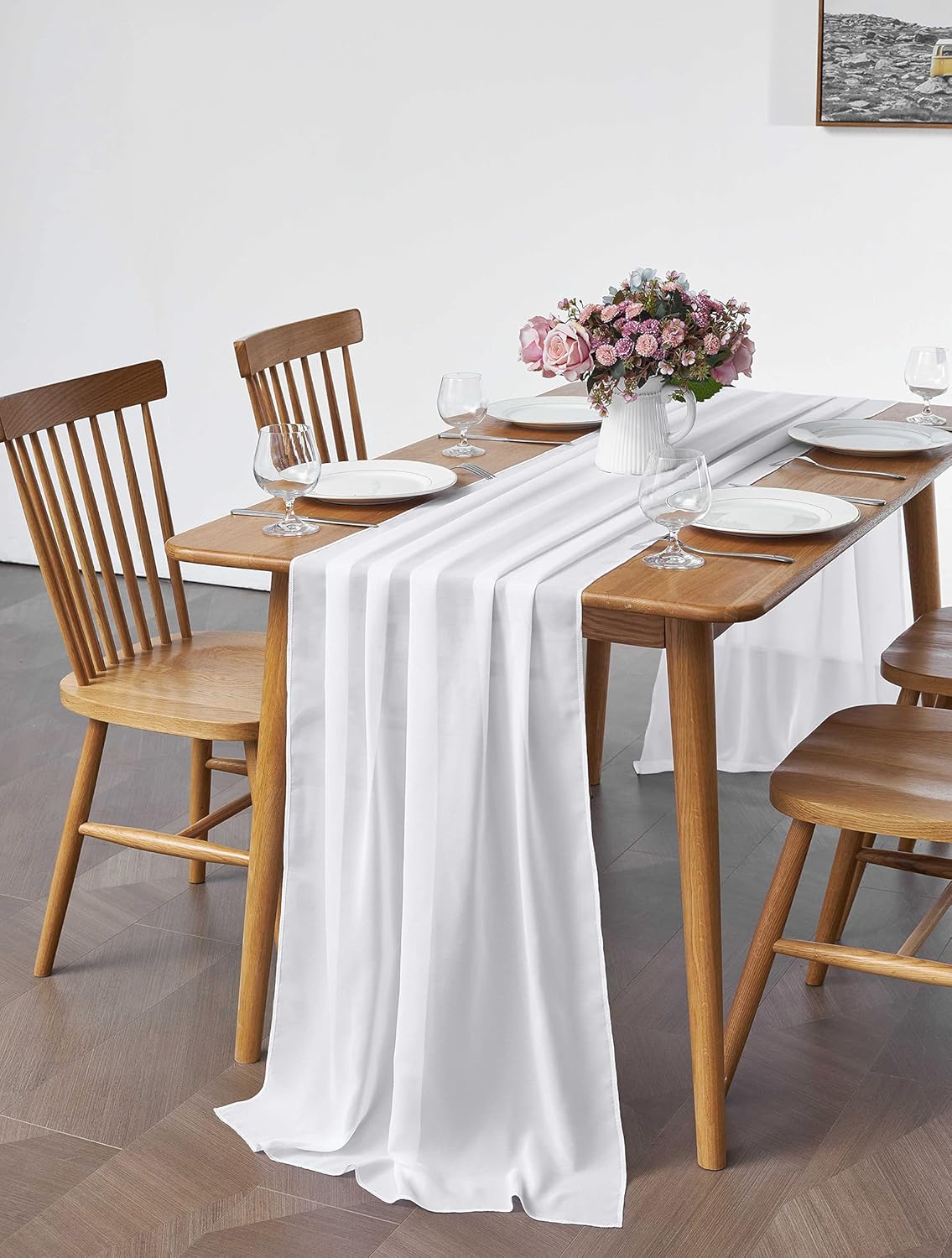 5 Pack 10Ft White Chiffon Table Runner Sheer 29x120 Inch for Romantic Wedding Decor Bridal & Baby Shower Birthday Rustic Party Decoration