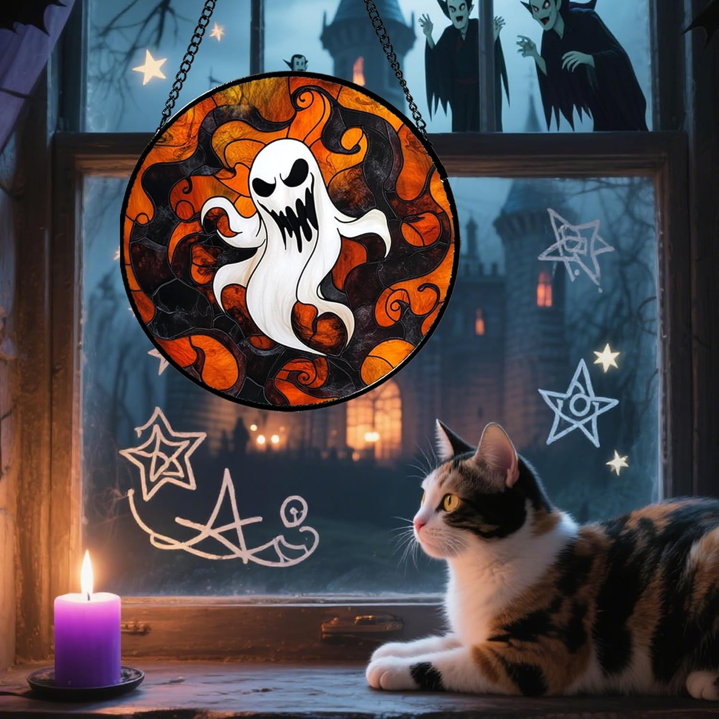 Stained Glass Window Hanging - Halloween White Ghost Suncatcher for Doors Window Garden Indoor Spooky Funny Orange Sun Catchers Gothic Decor Horror Gifts for Women Men Friend 11.8 in