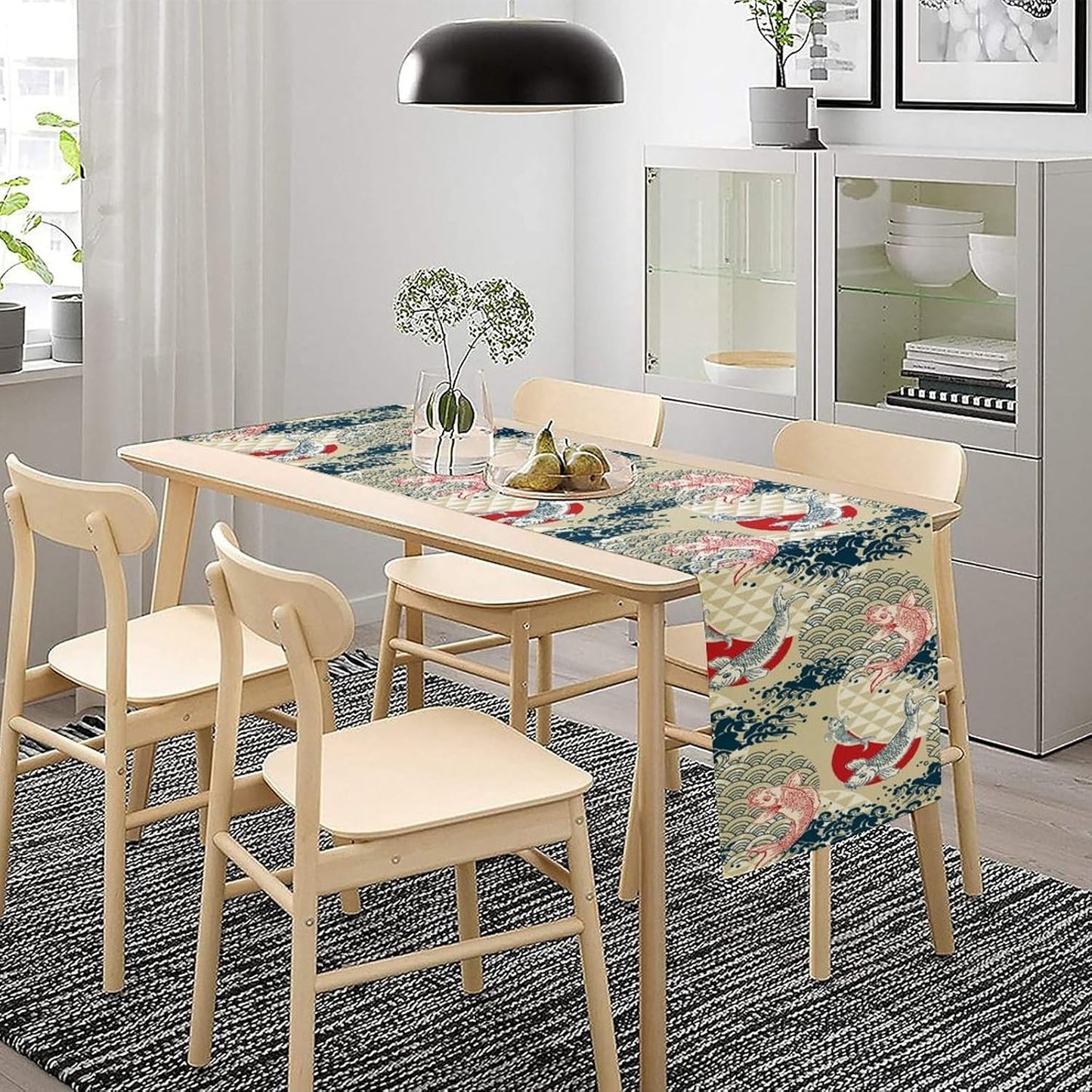 Japanese Table Runner Oriental Tradition Kio Fish Art Printed Burlap Runner Home Kitchen Dining Table Living Room Decor Fabric 1 Panel W13xL70in