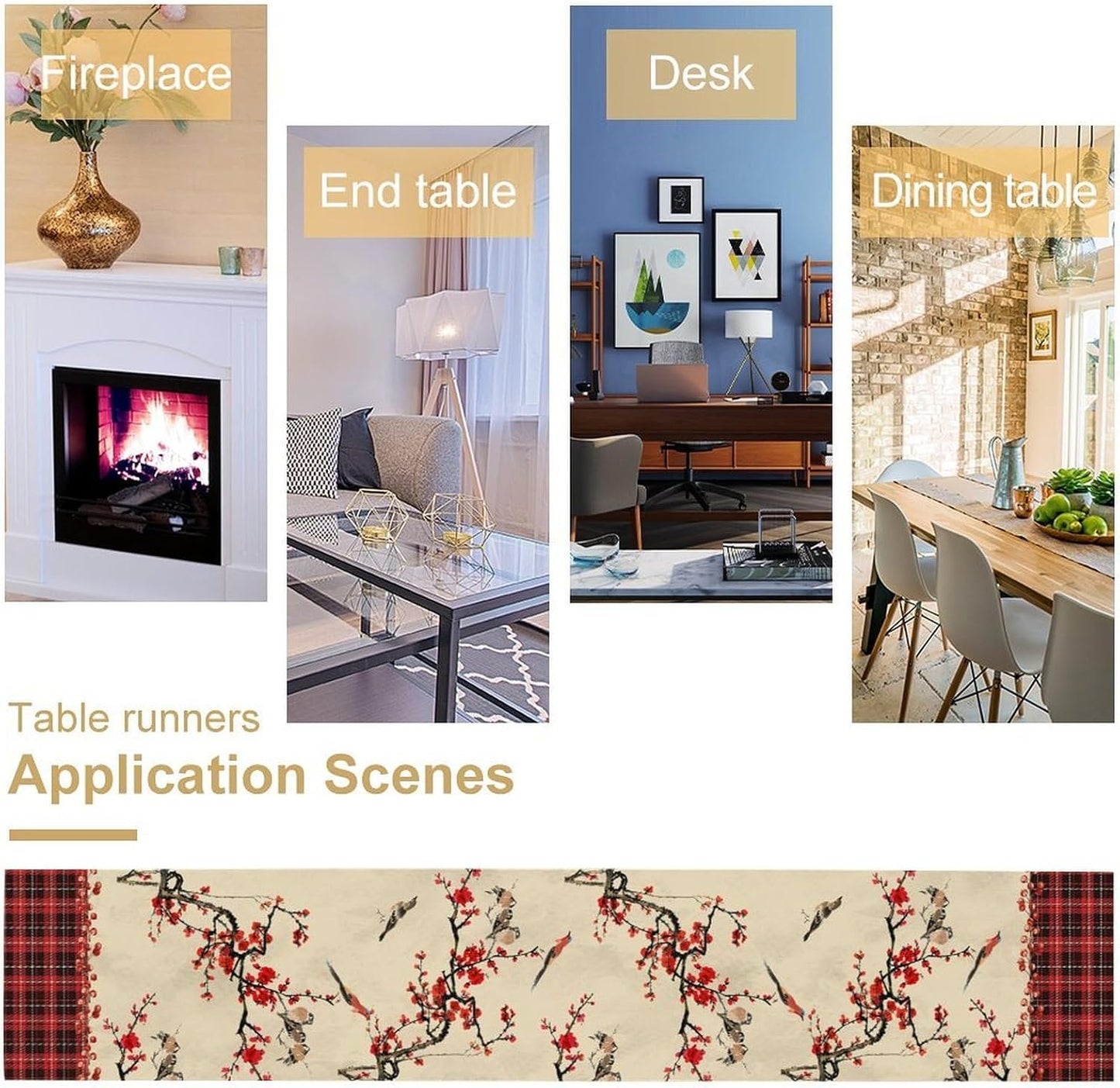 Bird Table Runner,Red Black Buffalo Plaid Blossom Seasonal Table Runner for Kitchen Dining Table Decoration Home Party Decor 13x120 Inch