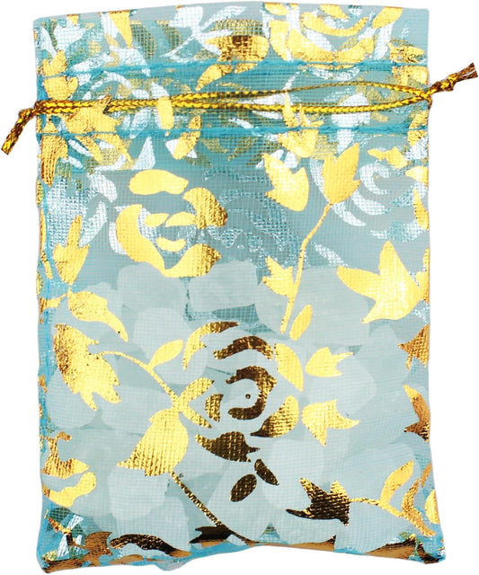 100 Pack 2.8 x 3.5 Inch Flower Heart Organza Jewelry Gift Pouch Candy Pouch Drawstring Wedding Favor Bags B511S (turquoise gold flower)