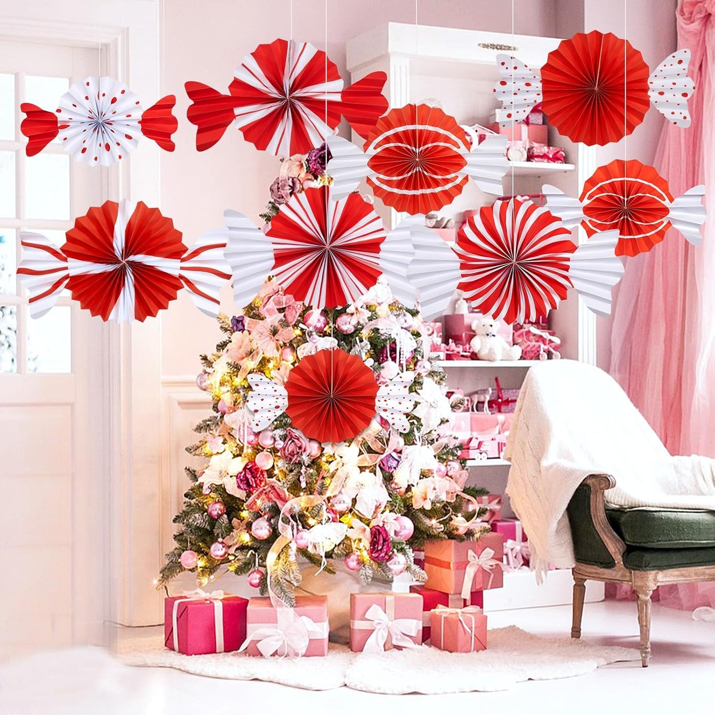 9pcs Candy Party Decorations Sweet Candy Hanging Paper Fans Hanging Decorations Christmas Party Ceiling Wall Garland for Candy Theme Birthday Baby Shower Sweet Shop Christmas