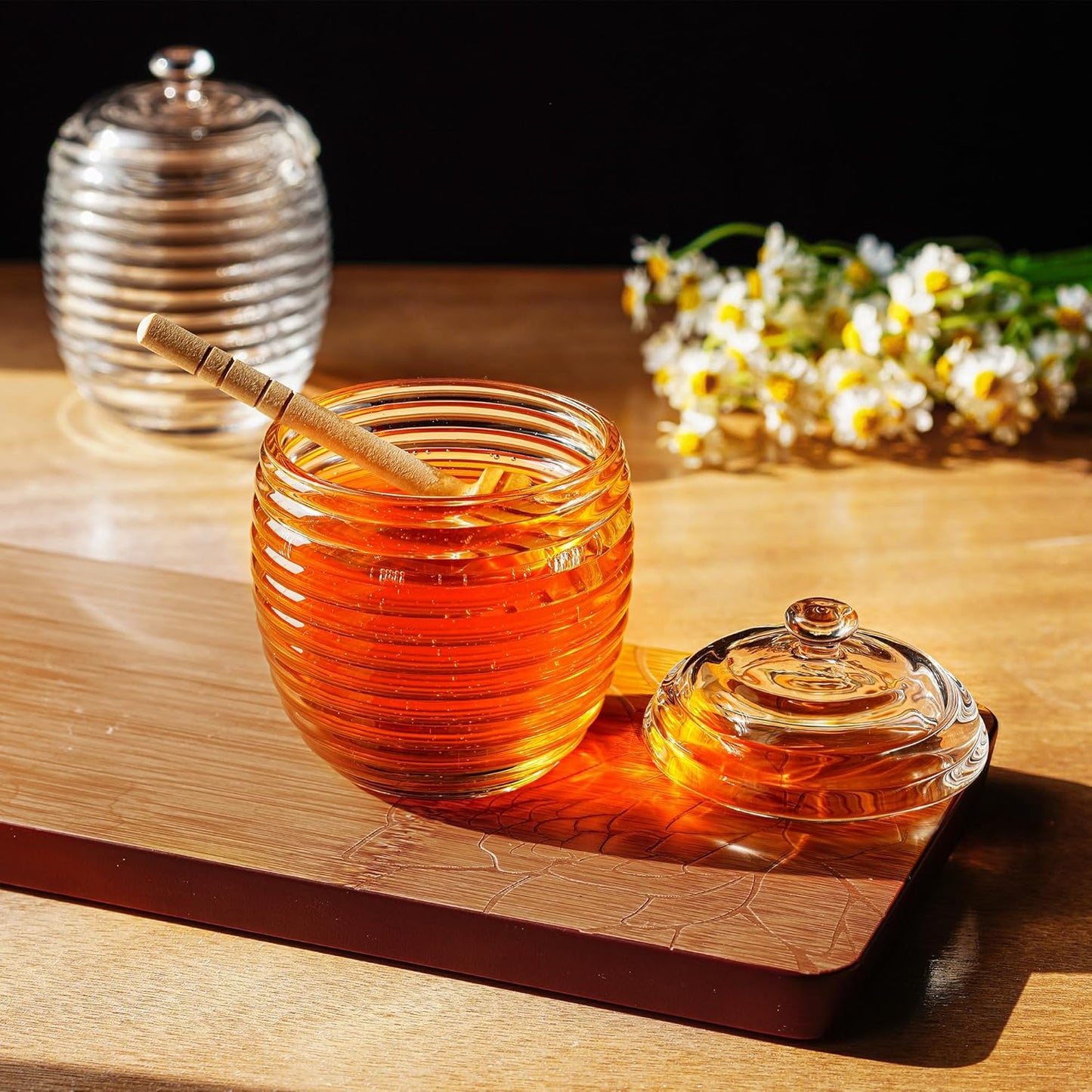 kanpura 9oz Glass Honey Dispenser, Glass Honey Jar with Dipper,Clear Crystal Honey Pot for Home Kitchen,Store Honey and Syrup,Easy to Clean