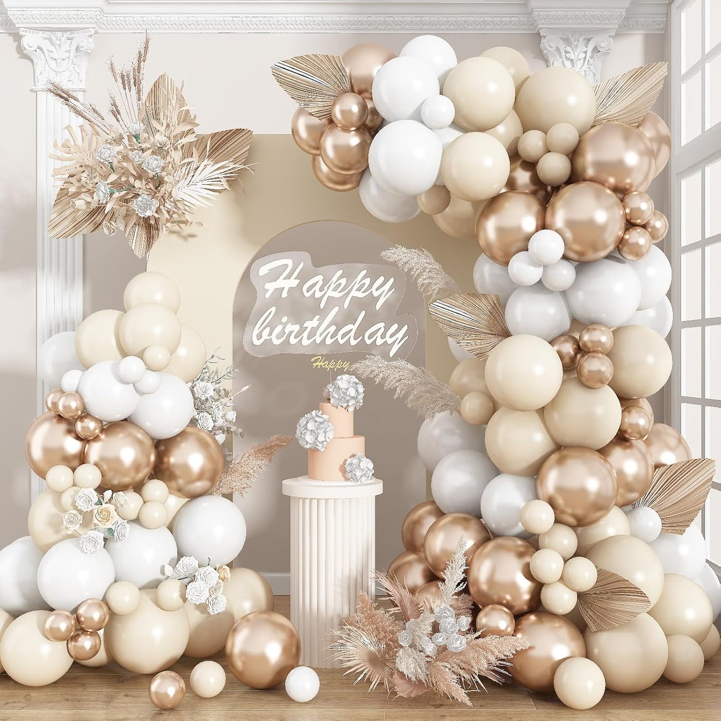 Neutral Balloon Arch Kit 142Pcs Cream White Champagne Gold Balloons Garland Kit Boho Beige Sand White Gold Nude Birthday Party Balloons for Women Baby Bridal Shower Wedding Anniversary Decorations