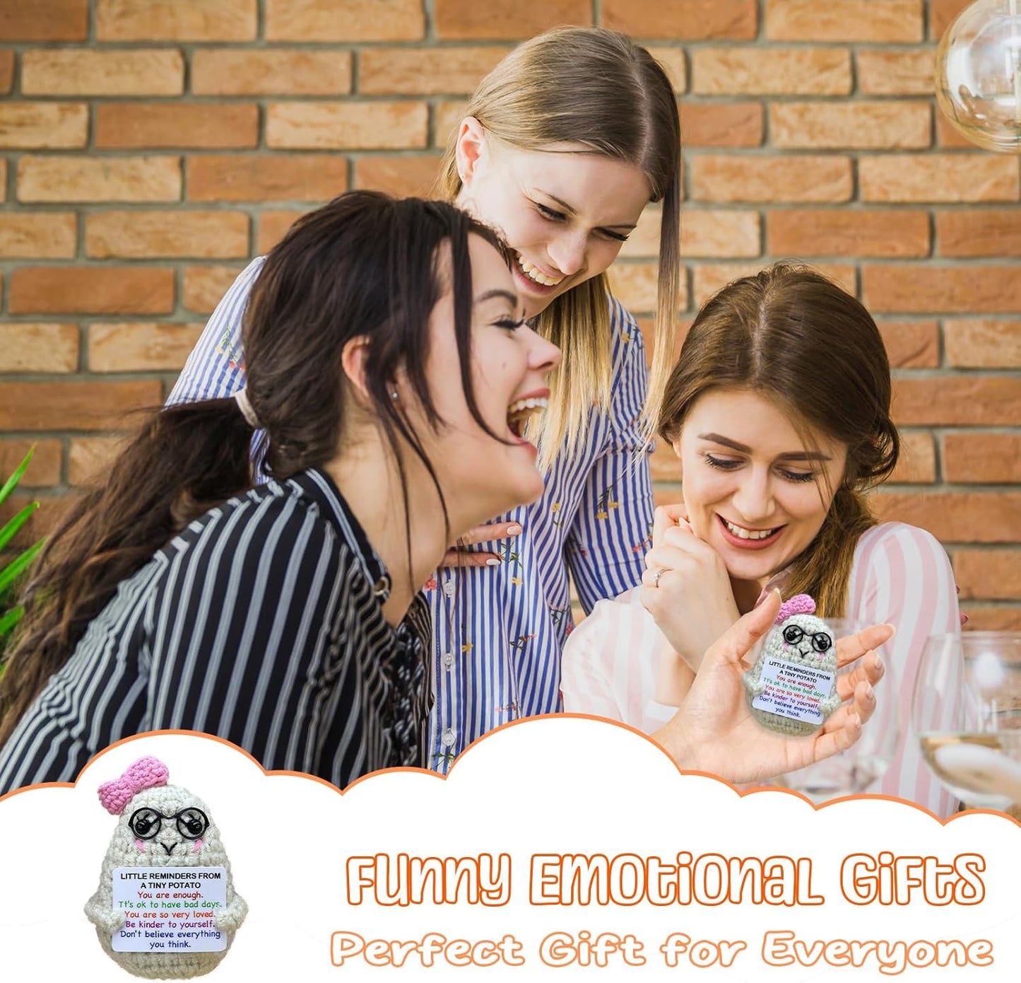 Handmade Crochet Positive Potato Gifts for Women Men Daughter Son Birthday,Teacher Nurse Week Graduation Gift,Handmade Kintted Crochet Doll with Emotional Encouragement Card,Desktop Decors