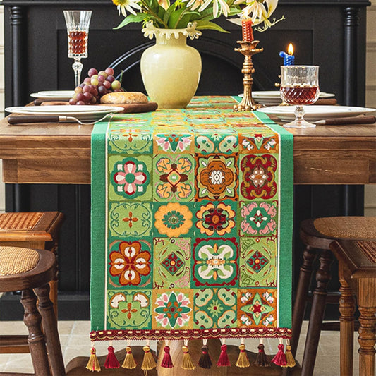 13×72 Inch Table Runner, Retro-Luxury Tassels Series for Kitchen Dining Table Holiday Decoration (Ethnic Green)