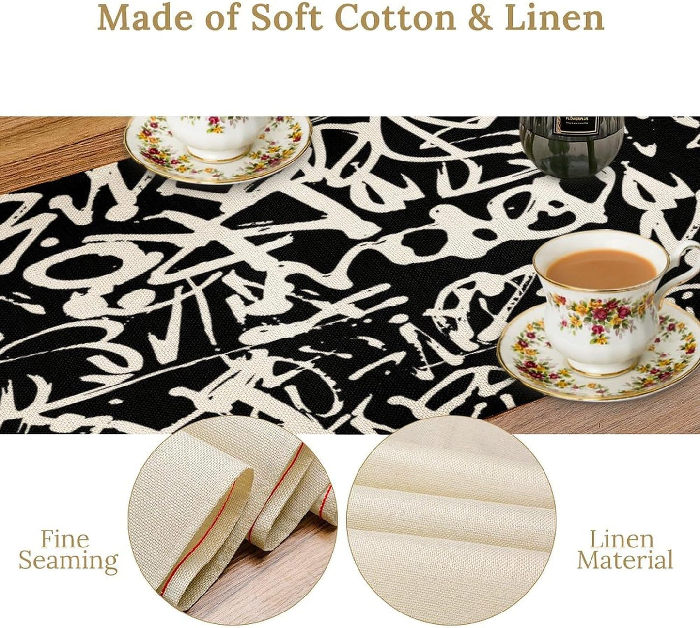 Graffiti Table Runner,Black White Abstract Messy Art Theme Pattern Print Tablecloth Burlap for Hotel Indoors Outdoor Dining Room Kitchen Home Decor,W13X L108 in