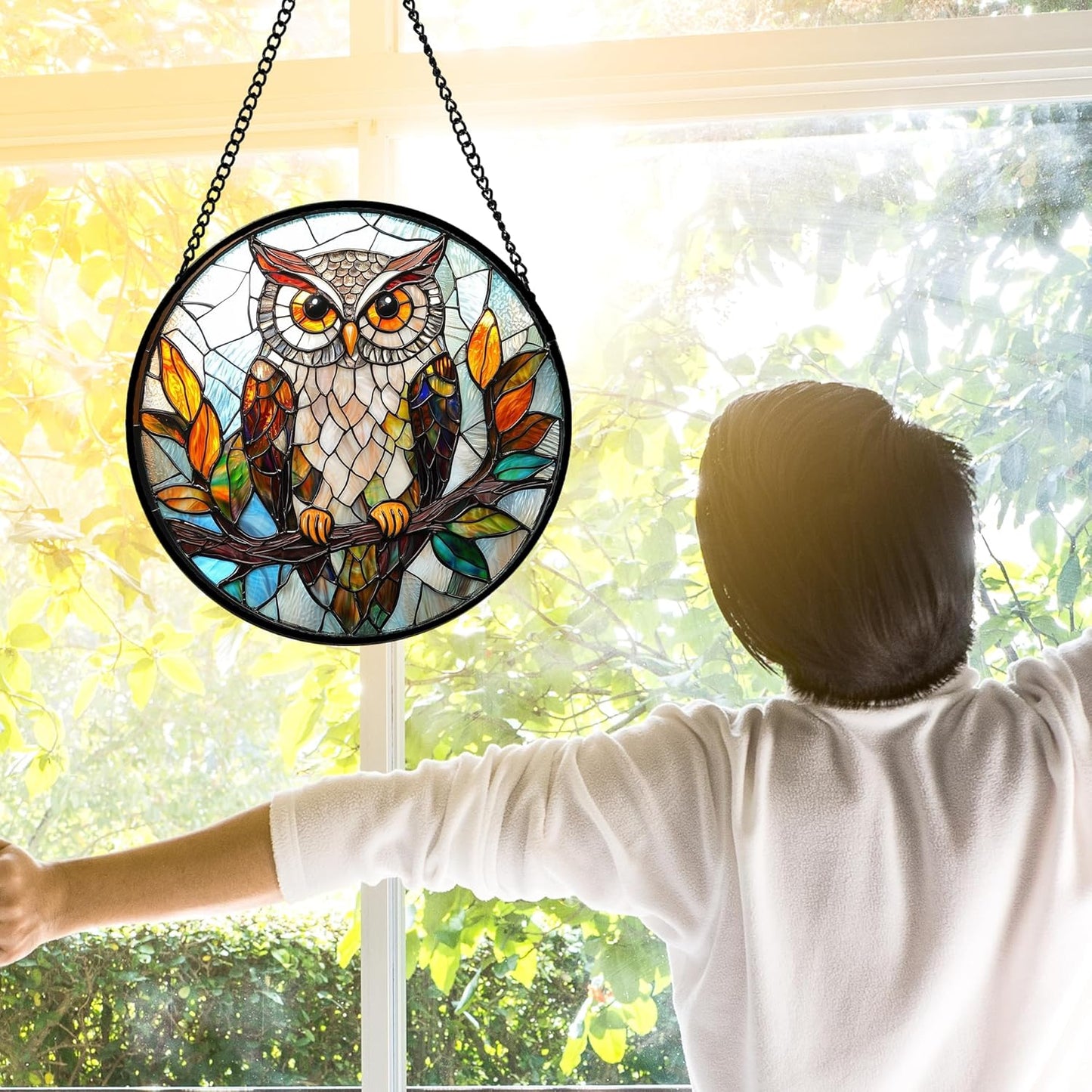 Stained Glass Window Hanging, Owl Colorful Leaves Birds Sun Catchers Diamond Glass Panel Hangings Suncatcher Decor for Birthday for Women, Men, Wife, Aunt, and Mom 11.8x11.8 in