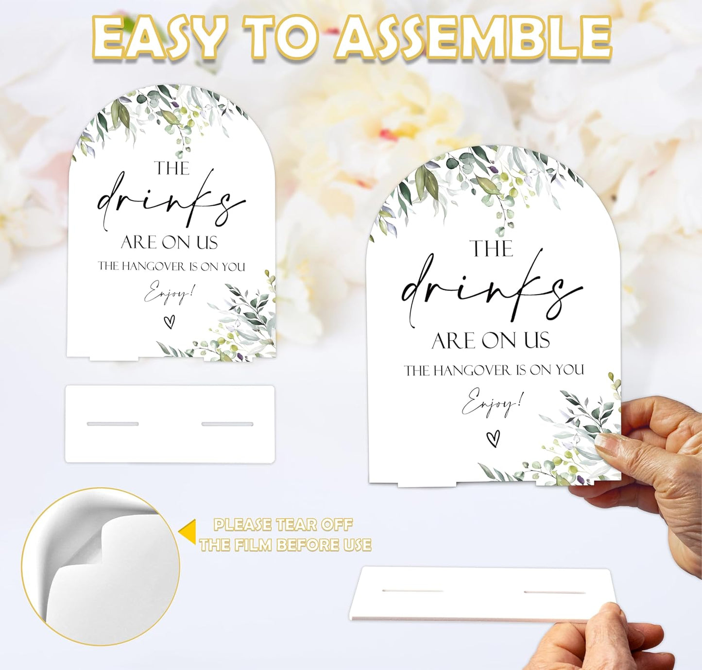 Greenery The Drinks Are On Us Sign, 6 x 8 Inch White Arch Acrylic Wedding Sign with Holder, Wedding Sign for Ceremony and Reception, Wedding Decoration, Wedding Supplies - LY08