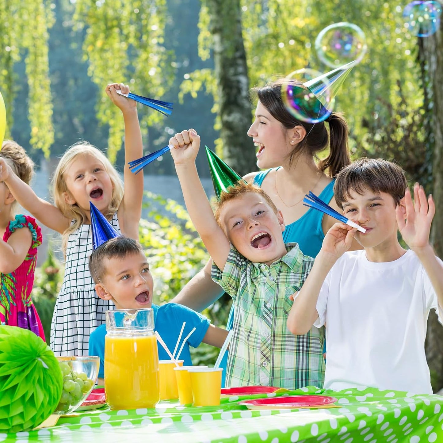 48 Pcs Noise Makers Glitter Metallic Fringed Noise Makers Horns for Baby Shower, Kids Birthday, New Year Party Favor - White Blue