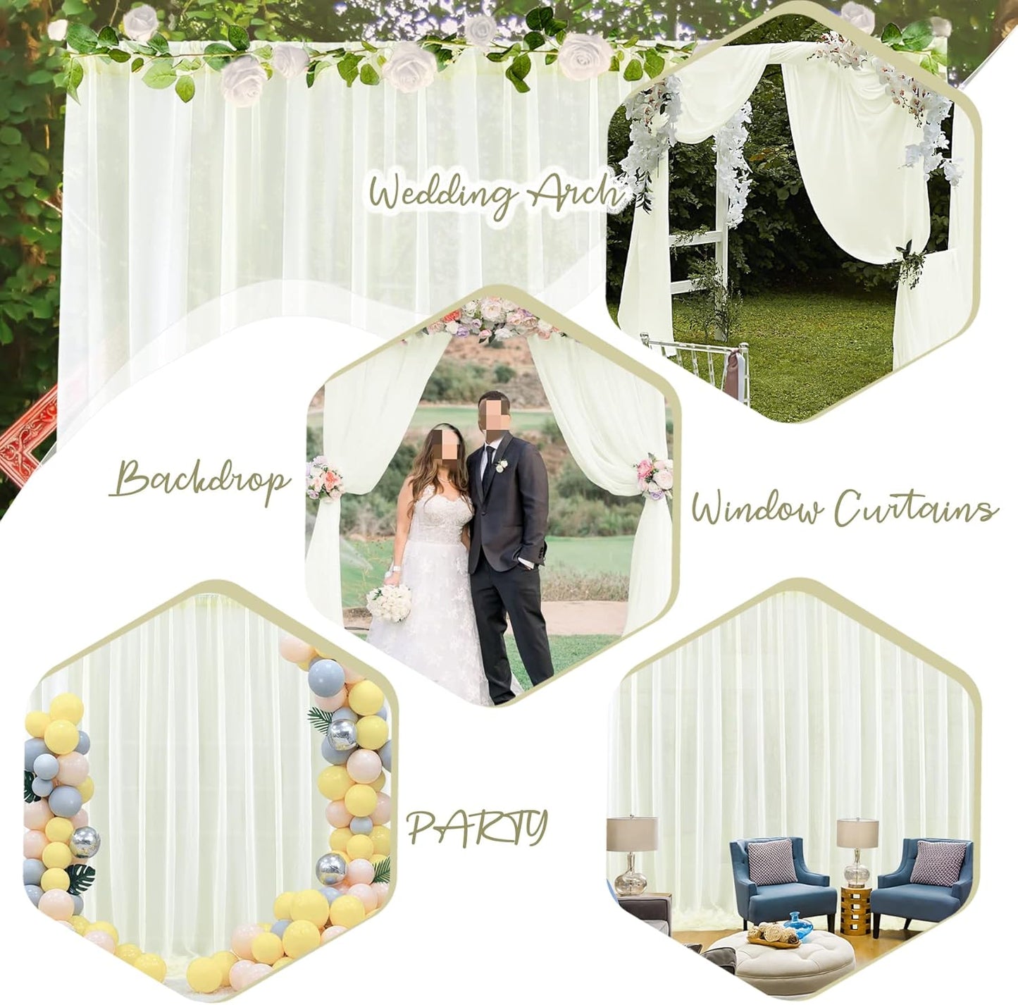 PARTISKY 10ftx10ft Ivory Chiffon Sheer Backdrop Curtains, Wrinkle-Free Wedding Backdrop Drapes for Birthday Party Ceremony Arch Stage Decor Background for Photography 5ft x 10ft,2 Panels