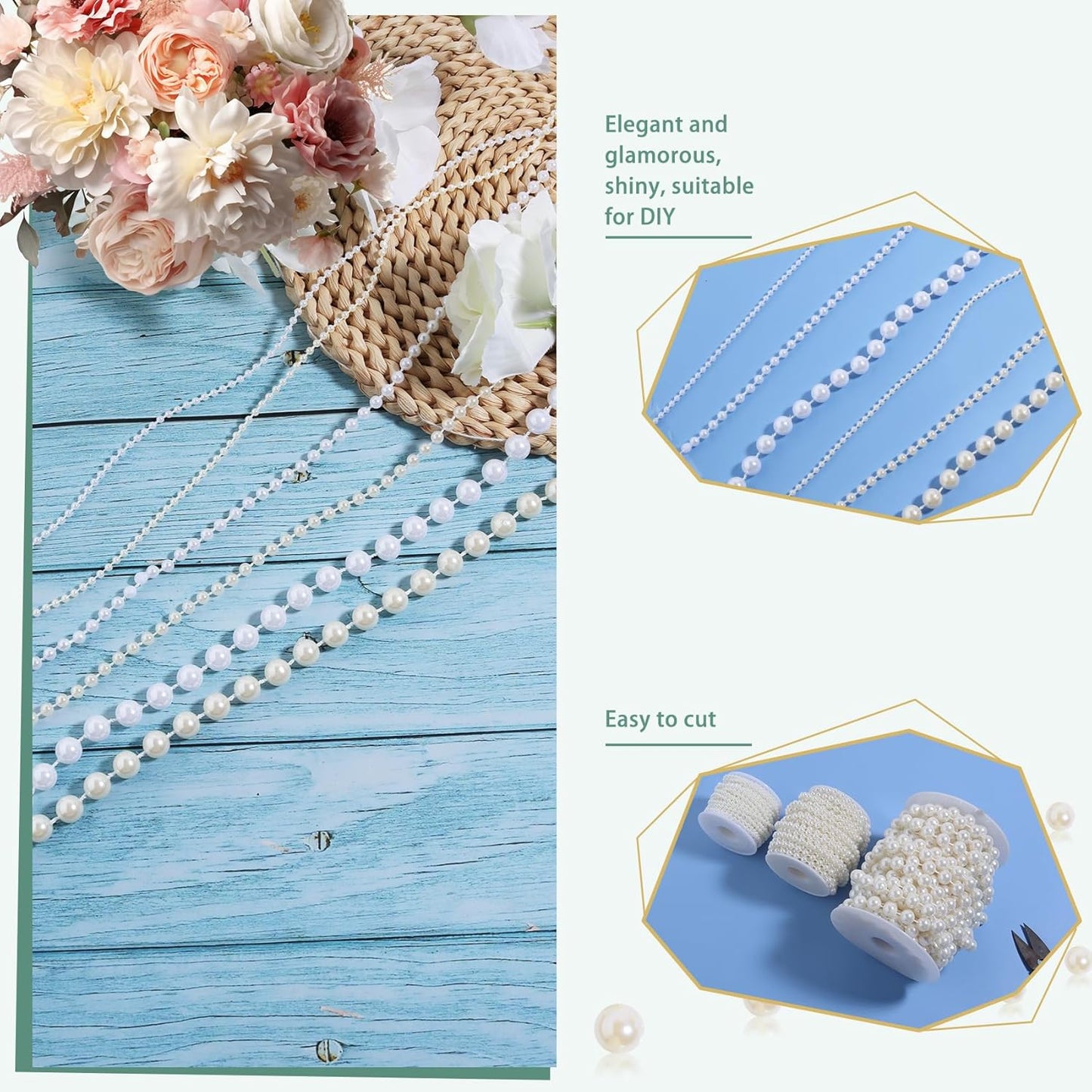 Pearls String Beads 33 Feet Crafts Faux Pearl Roll for Christmas Garland Flowers Wedding Party Jewelry Decoration(10mm Ivory)