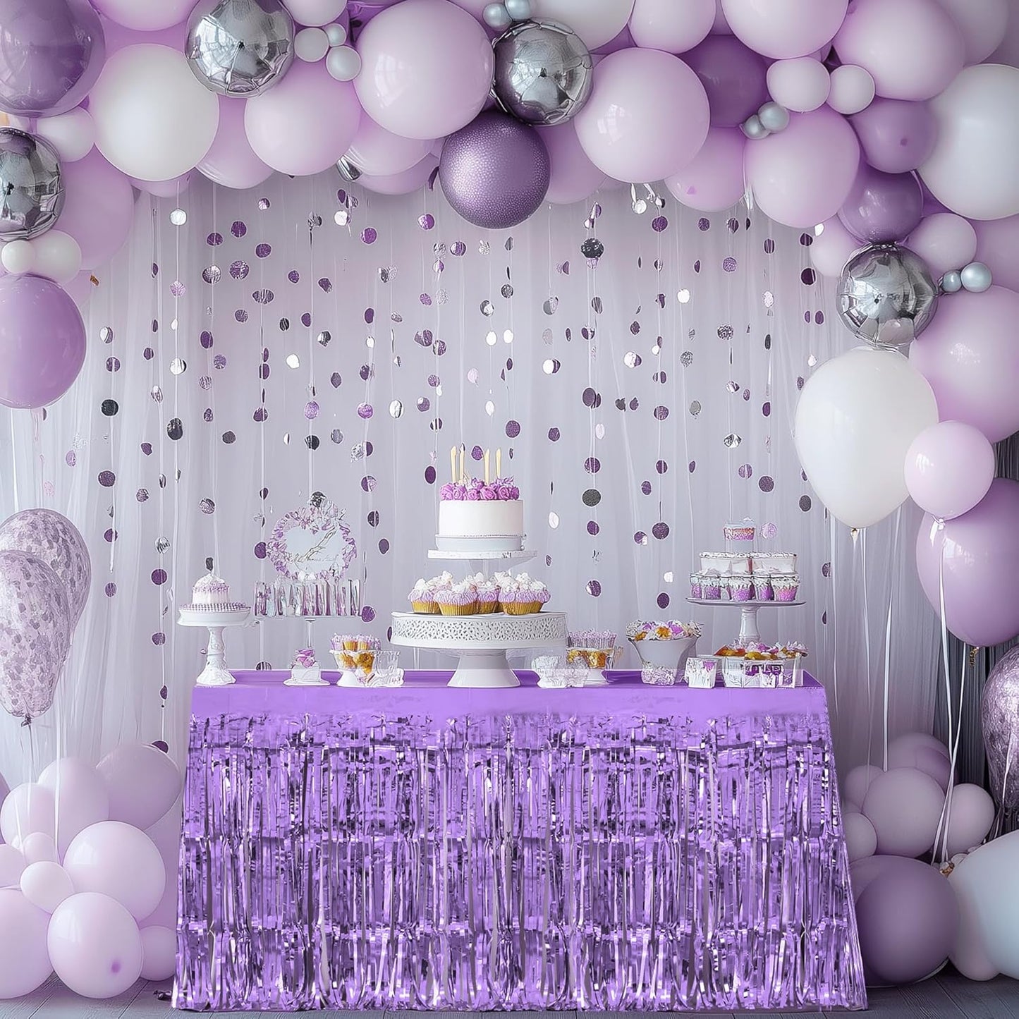 3 Pack Blue Green Purple Table Skirts, 29x108" Metallic Foil Tinsel Fringe Table Skirt for Rectangle Tables Streamer Curtains Backdrop, Party Decorations for Birthdays, Weddings, Holidays