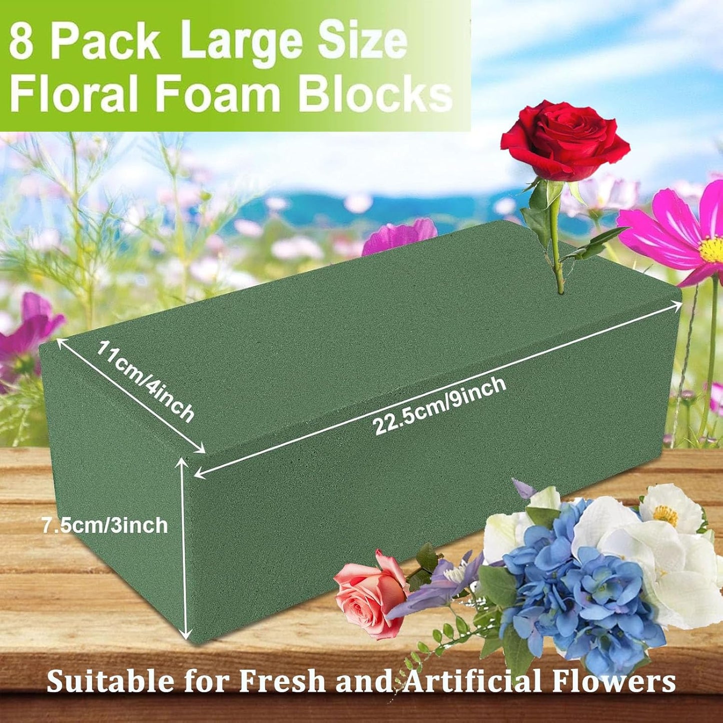 Acrux7 8 Pack Floral Foam Blocks 9x4.3x3 Inch Florist Foam Bricks for Fresh and Artificial Flowers Dry and Wet Foam Bricks Flower Arrangement Supplies for Wedding, Garden, Home, Office (Green)