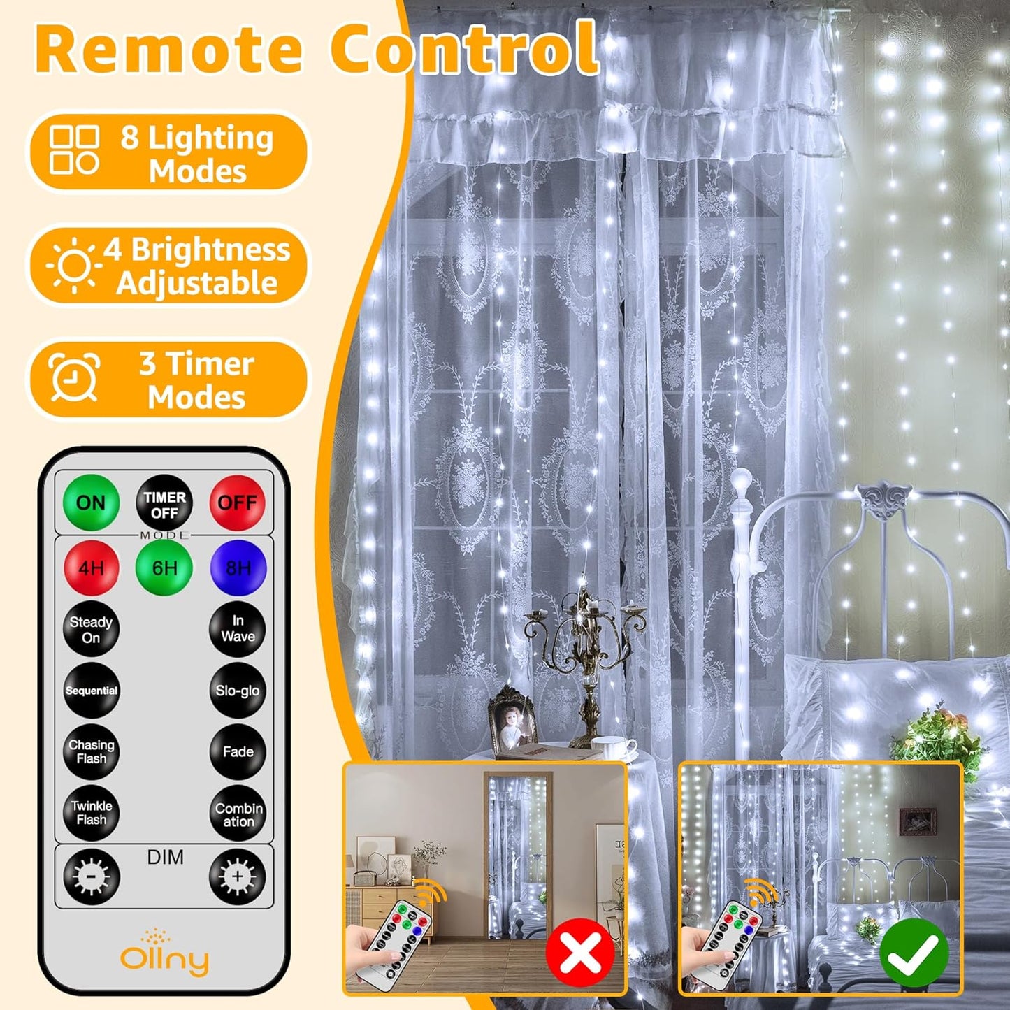 Ollny Curtain Lights 300LED 9.8ftx9.8ft, Connectable IP67 Waterproof Outdoor Curtain String Lights with Remote, Plug-in Untangle Fairy Lights with 8 Modes 3 Timers for Wall Backdrop Decor(Cool White)