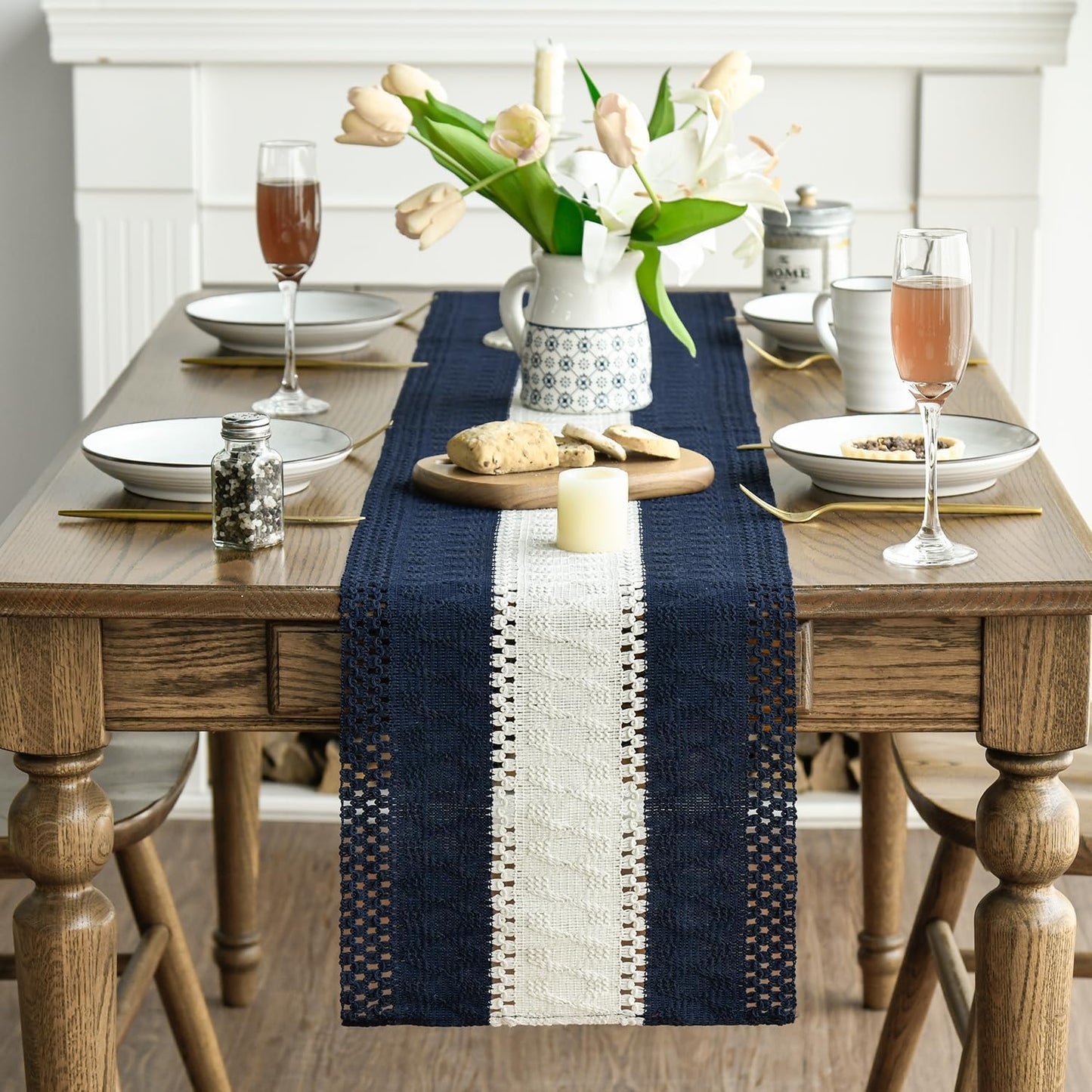 Artoid Mode Dark Blue Farmhouse Rustic Table Runner, Seasonal Hollow Kitchen Dining Table Decoration for Home Party Decor 12x48 Inch