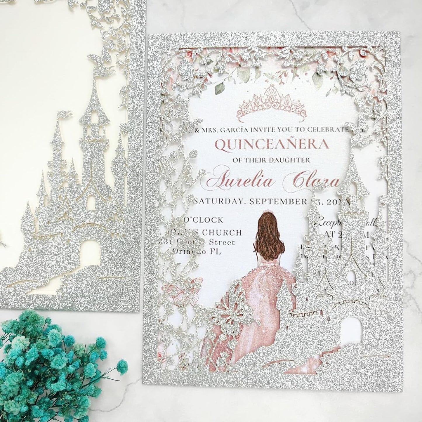 20PCS Castle Pocket Invitations, Quinceanera Invitations with Envelopes, Princess Invitation, Laser Cut quince invites (glitter silver)