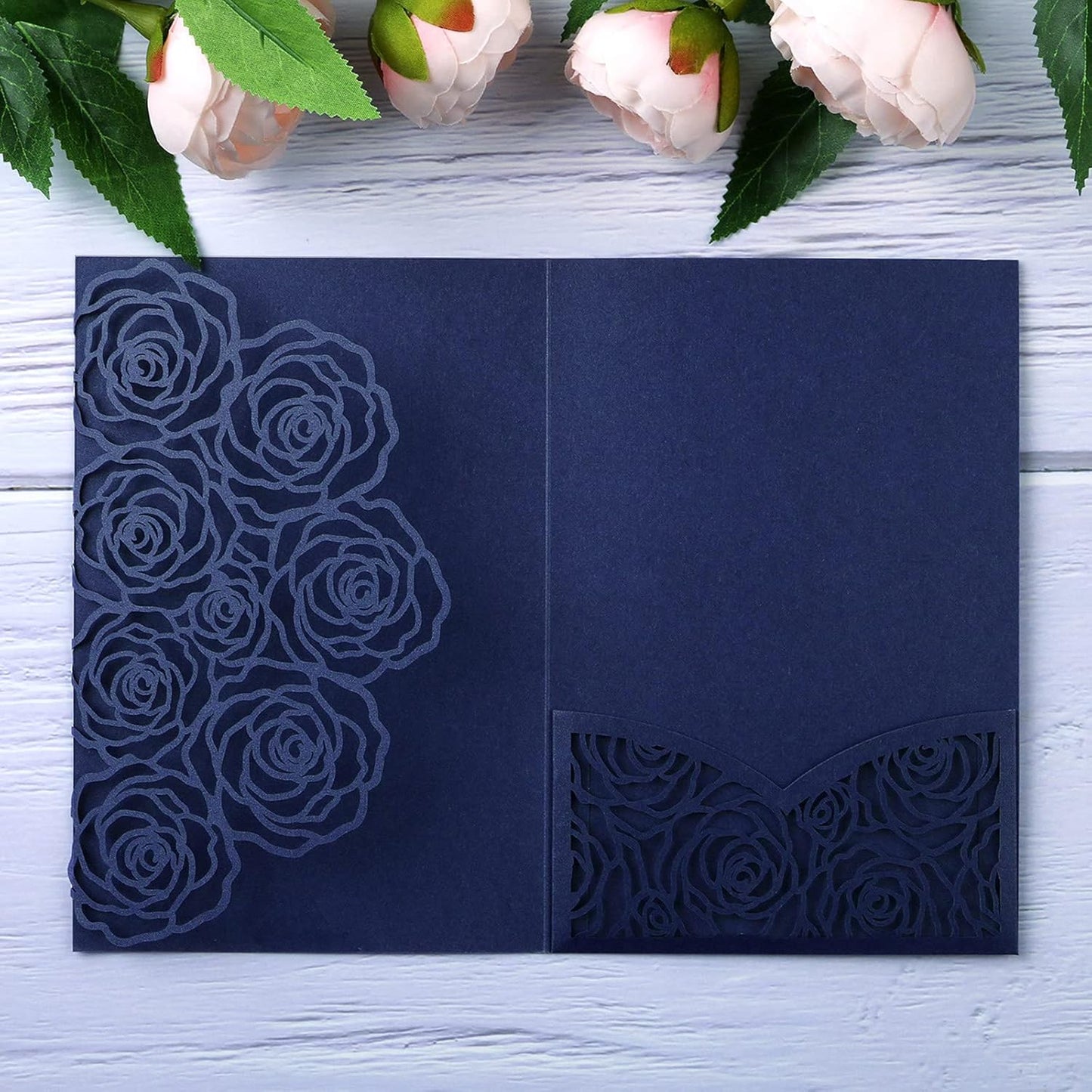 20 Pcs Laser Cut Wedding Invitations Card Pocket with Envelope for Birthday Party Baby or Bride Shower Invite suitable for 5 * 7 Inches Insert Paper (Dark Blue)