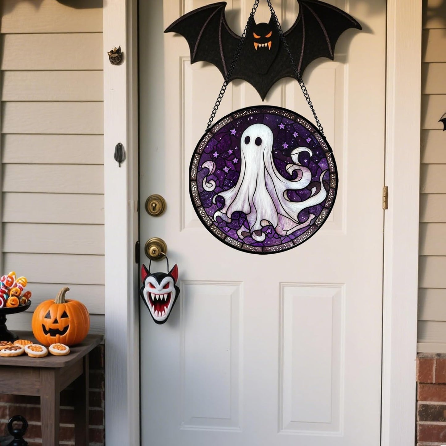 Stained Glass Window Hanging - Halloween Decorations White Ghost Purple Stars Suncatcher for Doors Garden Spooky Funny Sun Catchers Gothic Decor Horror Gifts for Women Men Friend 11.8 in