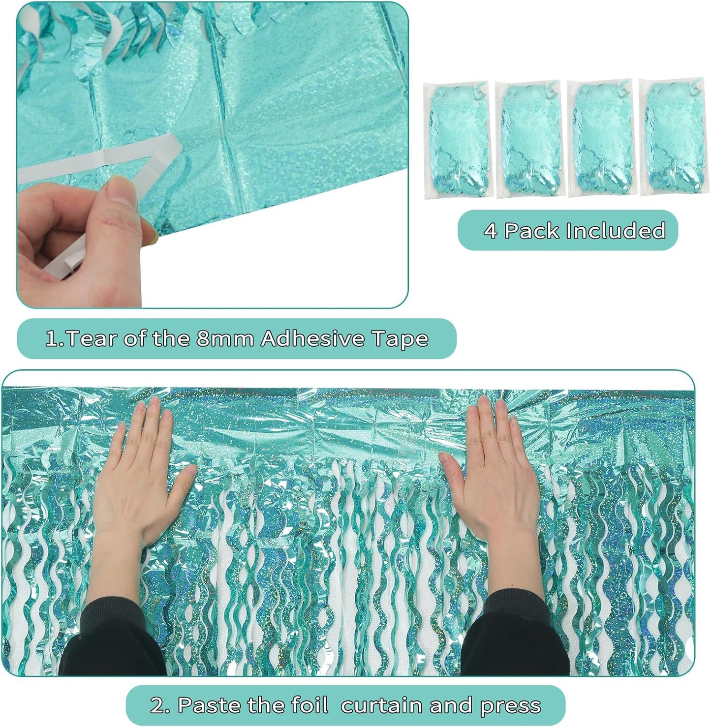 4 Pack 3.3 ft x 6.6 ft Wavy Sparkle Aqua Teal Blue Foil Curtain - Water Blue Foil Streamers for Holiday Bachelorette Ocean Themed Decor Winter Party Decorations Supplies