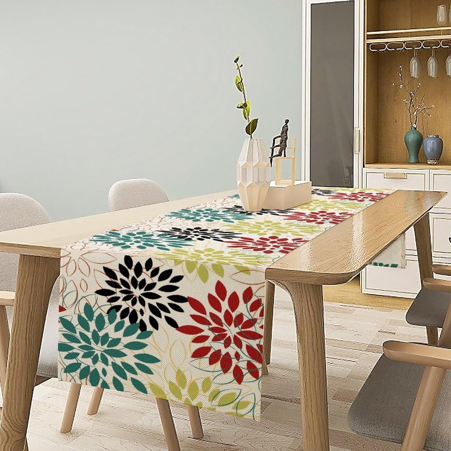 Abstract Red Dahlia Vintage Table Runner, Geometric Lines Mid Century Vintage Modern Colorful Table Runner for Party Kitchen Dining Living Room Laundry Room Decor, 13x60 Inch