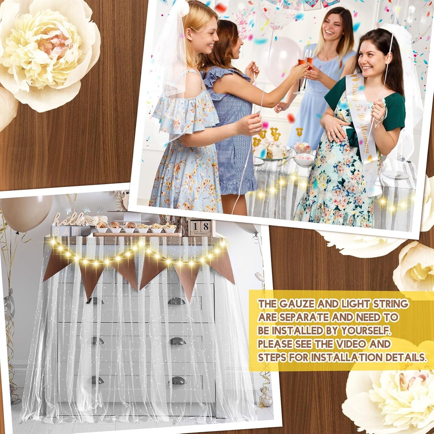 10 ft 4 x 120 Inch White Wedding Tulle Table Skirt with LED Lights White Pearl Chiffon Birthday Table Runner Tulle Sweetheart Decor Pearl Arch Decorations Outside Baby Shower Ceremony (Plug in Type)