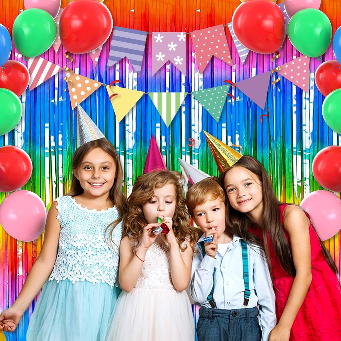 6 Pack Dark Rainbow Foil Fringe Curtains Backdrop, 3.28 x 8.2 Ft Metallic Streamers Tinsel Curtains Background for Photo Booth, Birthday, Weddings, Carnivals, Graduation, Themed Party Decorations