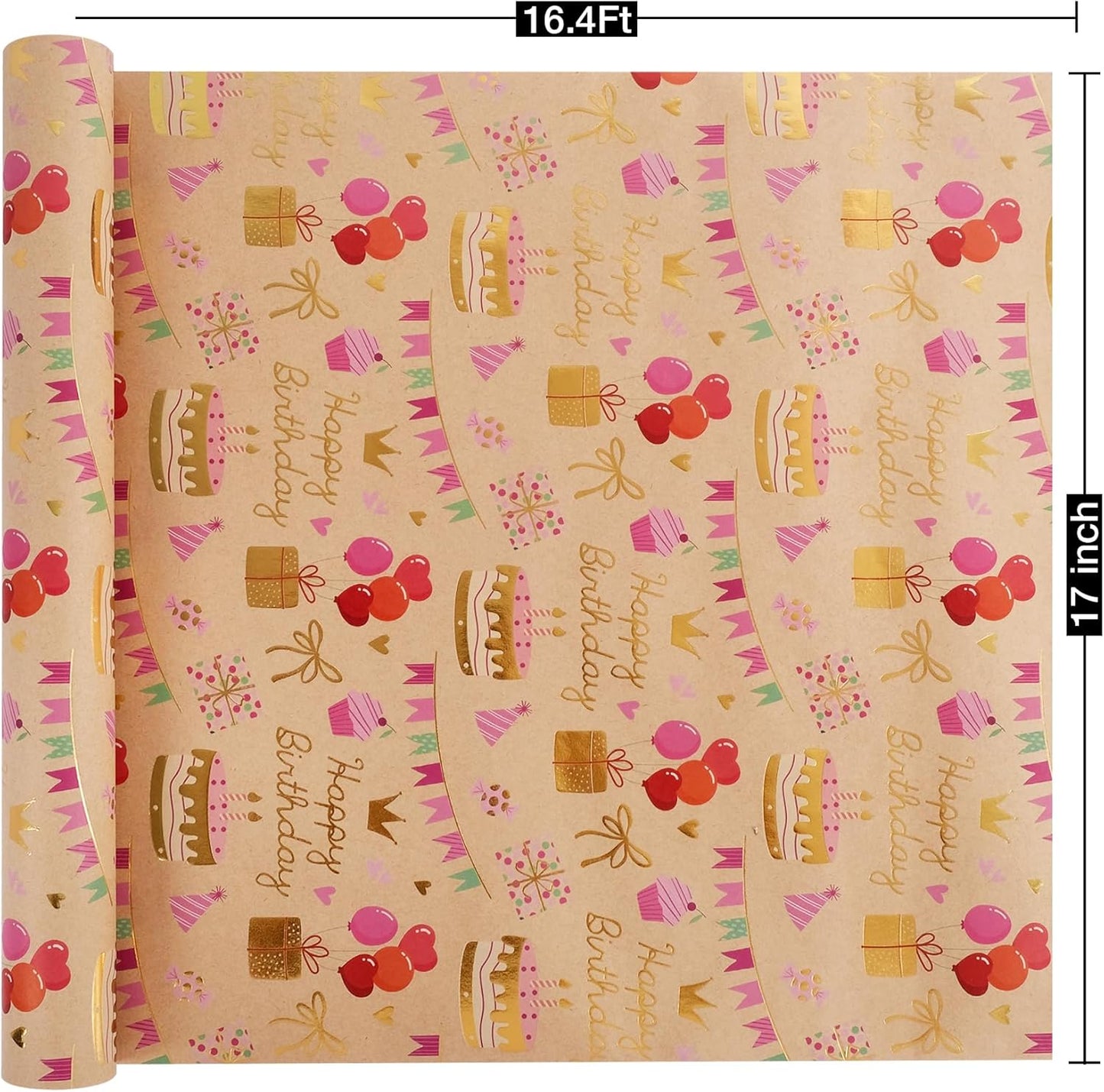 Aimyoo Birthday Wrapping Paper Roll - 17 Inch X 16.4 Feet - Gold Foil Celebration Cake, Gift Box,Happy Birthday Lettering Design Gift Wrap for Kids, Baby Showers