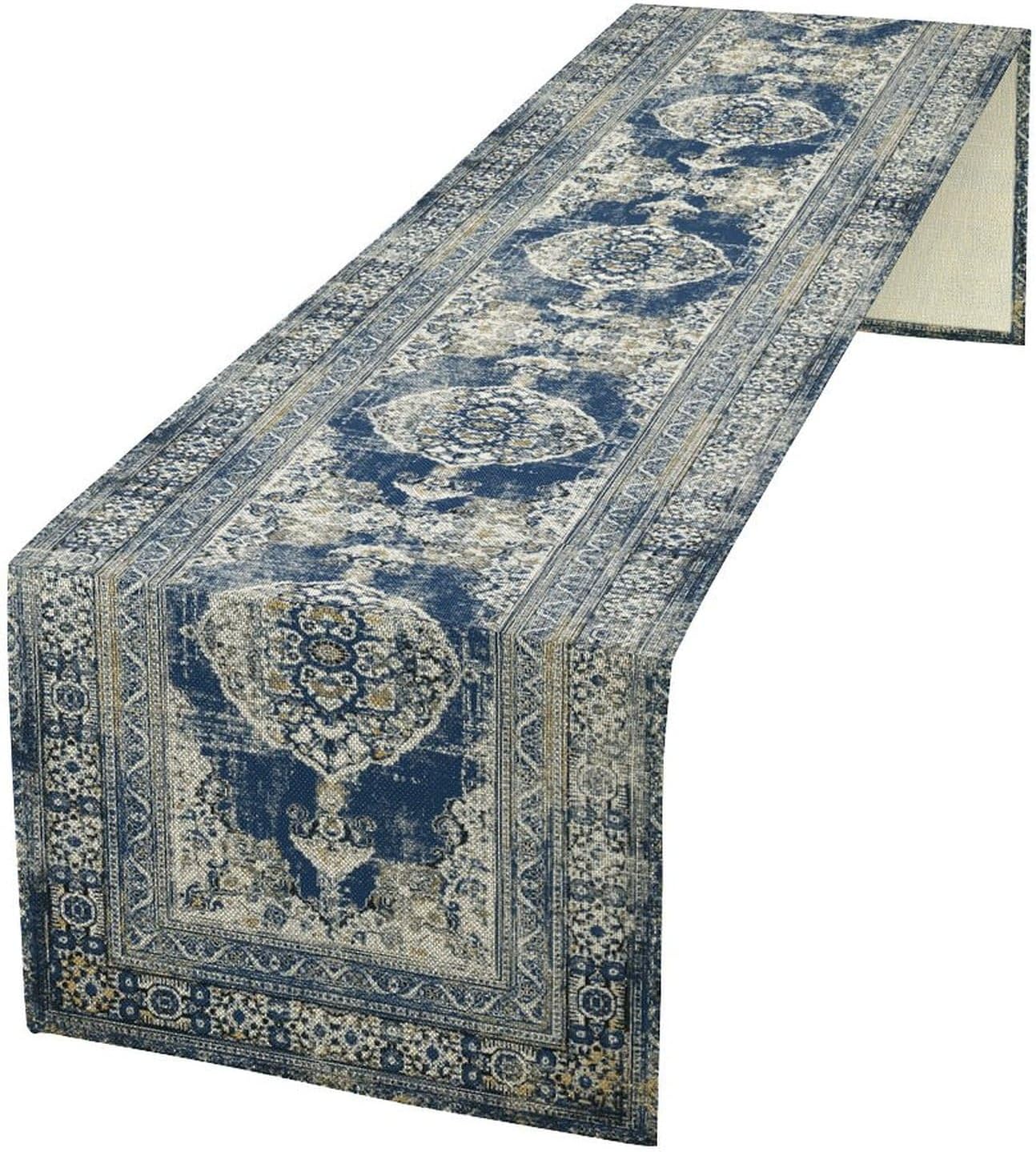 Vintage Boho Floral Table Runner, Rustic Country Farmhouse Blue Teal Retro Flower Pattern for Home Kitchen Table Decor Dining Coffee Room Party Decor 13x90in