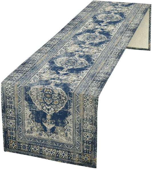 Vintage Boho Floral Table Runner, Rustic Country Farmhouse Blue Teal Retro Flower Pattern for Home Kitchen Table Decor Dining Coffee Room Party Decor 13x60in