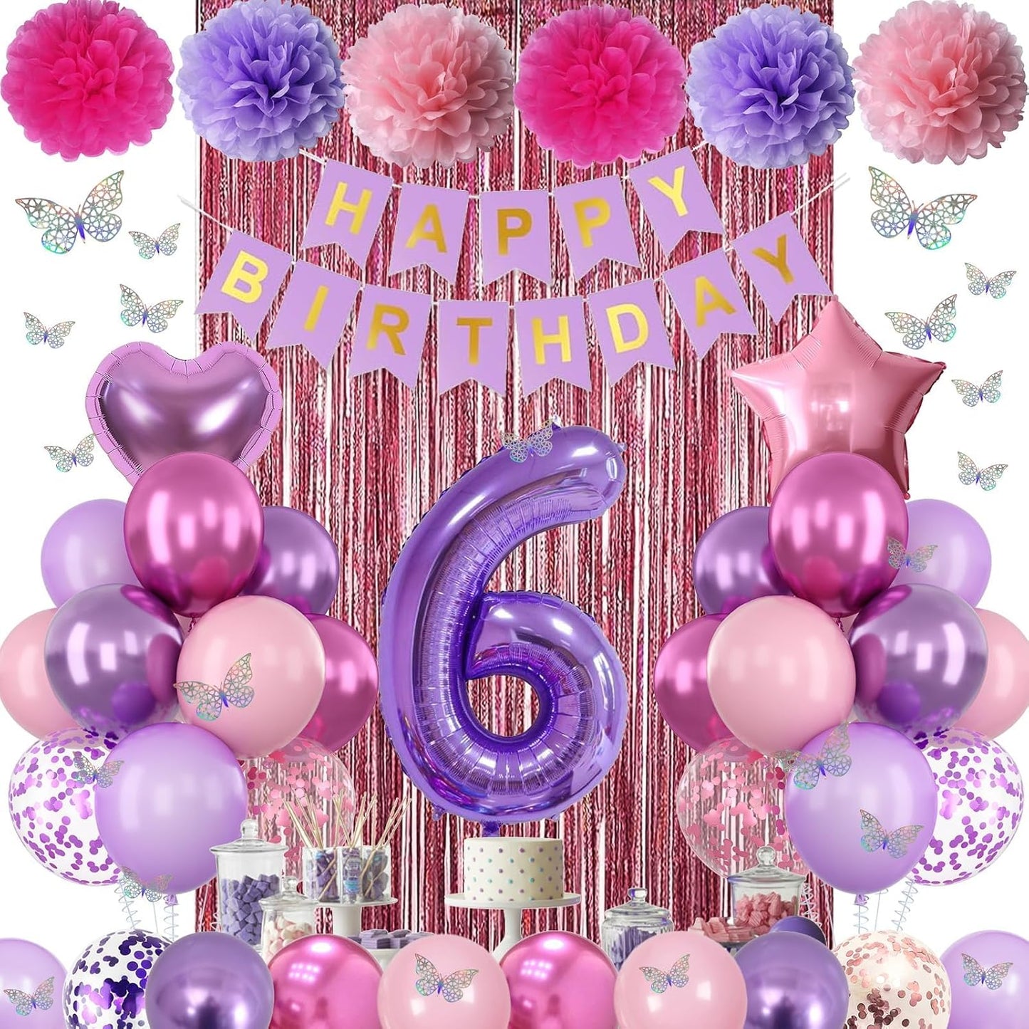 Pink Purple 6th Birthday Party Decorations for Girls Number 6 Balloon Happy Birthday Banner Butterfly Stickers Fringe Curtain Paper Pom Poms Metallic Hot Pink Star Foil Balloons 6 Year Old Princess