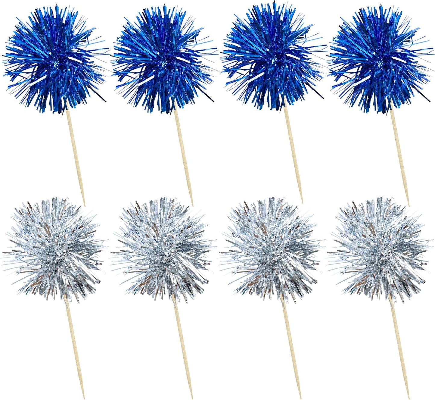 Ephlyn 30Pcs Foil Firework Cupcake Toppers Party Birthday Cake Toppers Supplies Sparkle Tinsel Cocktail Fruit Toothpick for Birthday Wedding Graduation Party Supplies Dark Blue Silver