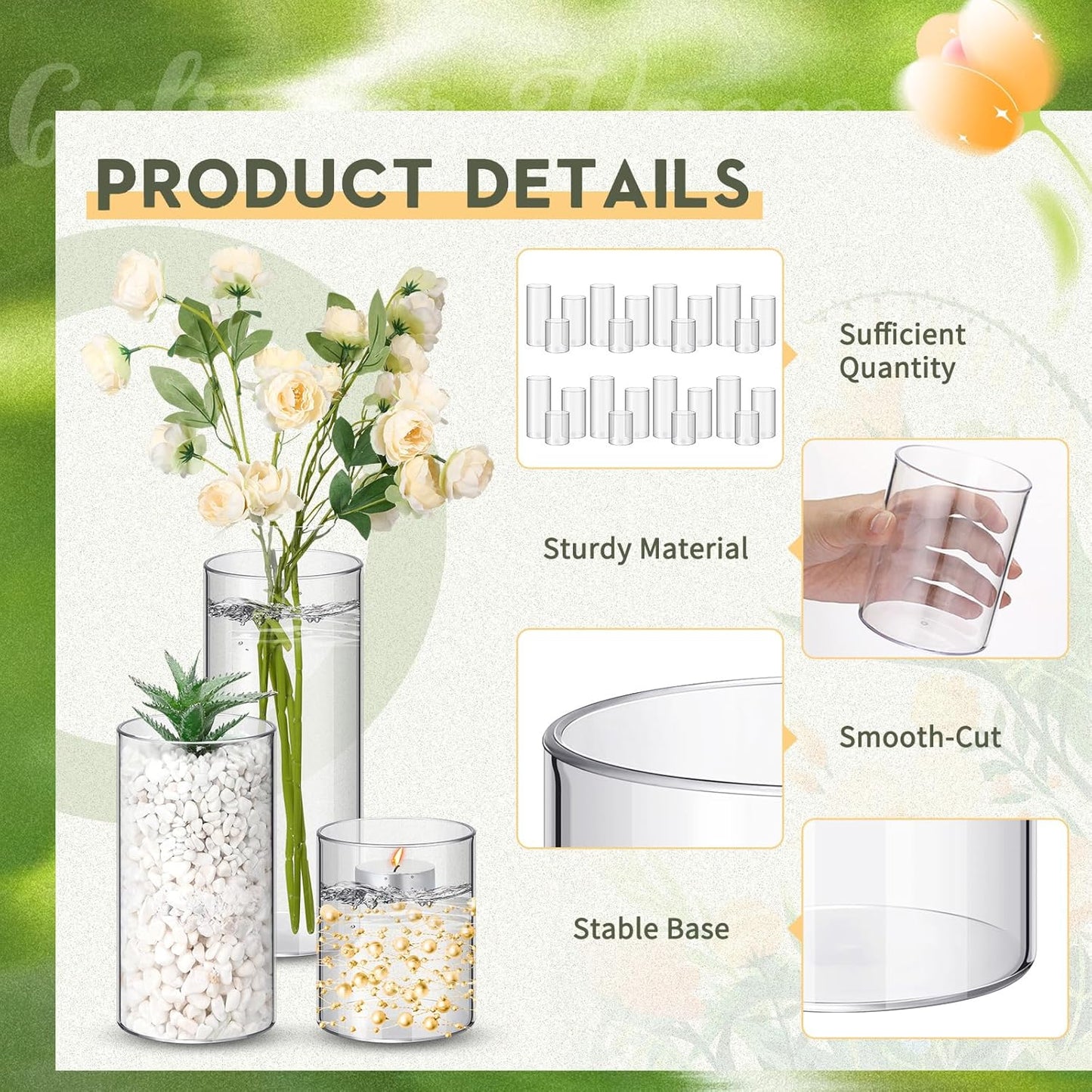 Nuogo 36 Pcs Plastic Cylinder Vases Tall Clear Flower Vases for Centerpieces Hurricane Candle Holder for Home Wedding Office Party Formal Dinners Decorations (4''/6''/8'')