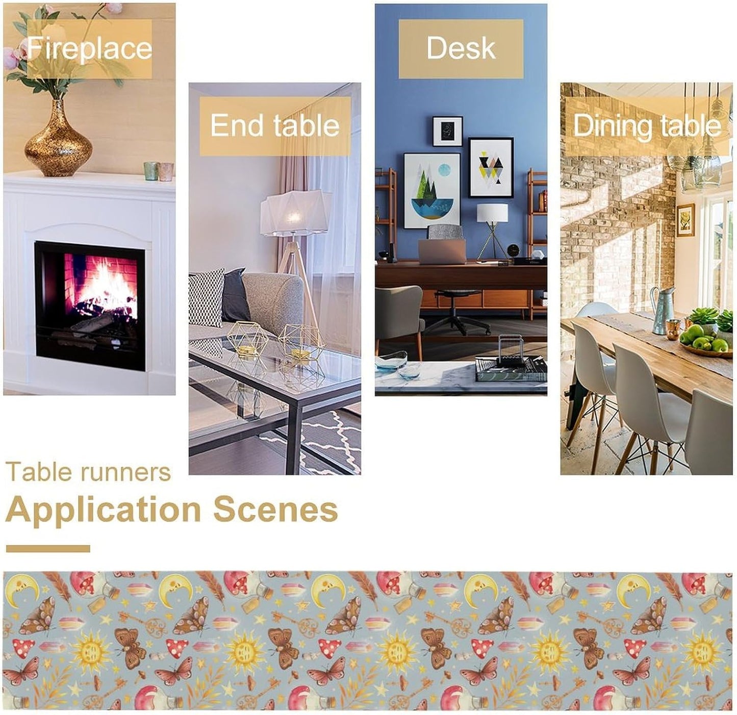 Boho Sun Moon Table Runner Mystical Rustic Butterfly Mushroom Star Table Runner for Kitchen Living Room Dinner Holiday 13x70 Inch