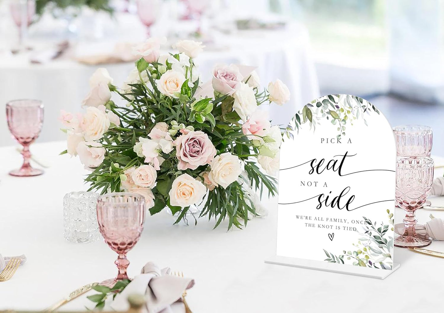 Greenery Pick a Seat Not a Side Sign, 6 x 8 Inch White Arch Acrylic Wedding Sign with Holder, Wedding Sign for Ceremony and Reception, Wedding Decoration, Wedding Supplies - LY17