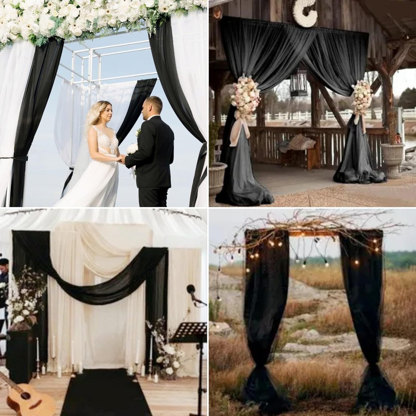 6 Panels Wedding Arch Draping Fabric 28 x 20Ft Chiffon Weddings Arch Drapes Chiffon Fabric Drape Sheer Backdrop Curtain for Wedding Party Ceremony Birthday Reception Swag Backdrop Ceiling Décor(Black)