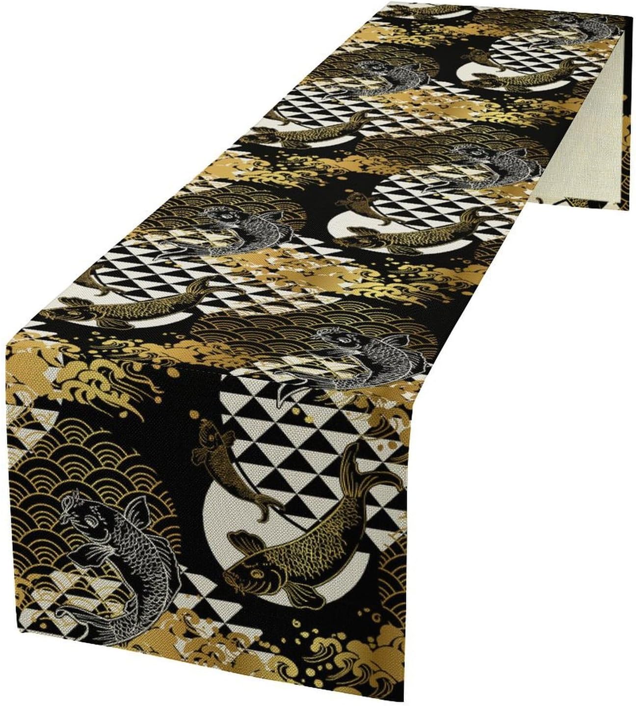 Japanese Table Runner Oriental Tradition Kio Fish Gold Art Printed Burlap Runner Home Kitchen Dining Table Living Room Decor Fabric 1 Panel W13xL70in