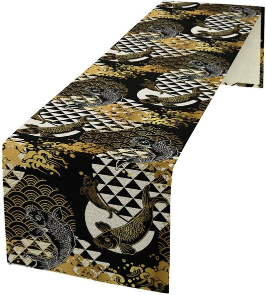 Japanese Table Runner Oriental Tradition Kio Fish Gold Art Printed Burlap Runner Home Kitchen Dining Table Living Room Decor Fabric 1 Panel W13xL120in