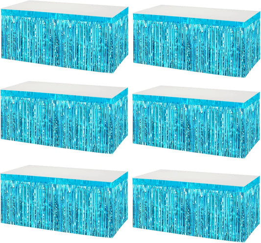 6 Pack 29x108 Inch Metallic Foil Fringe Tinsel Table Skirts Banner for Rectangle Tables Streamer Garland Curtains Backdrop for Wedding, Birthday, Parade Floats, Christmas Party Decoration(Lake Blue)