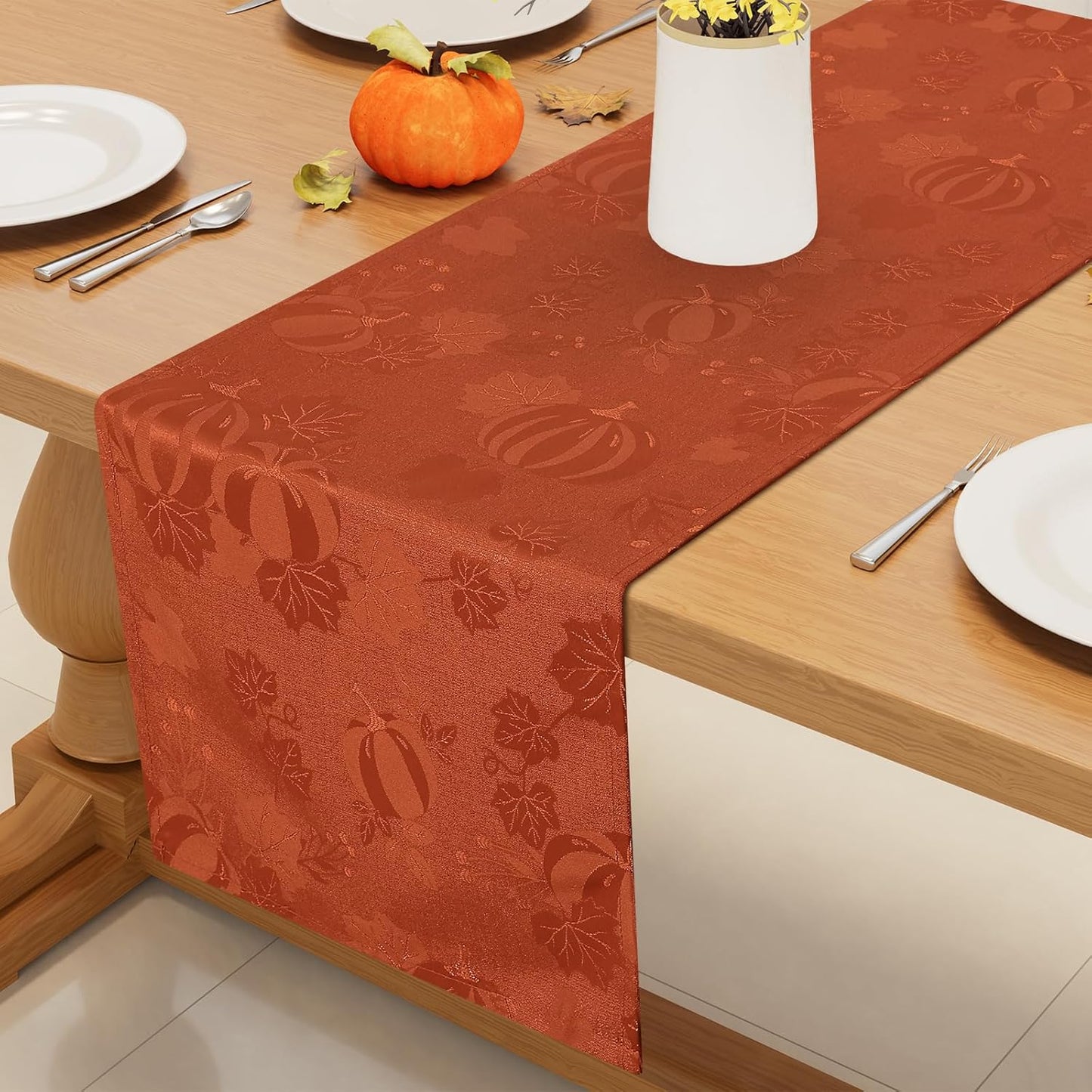 Smiry Thanksgiving Table Runner, 13x72 Inch Waterproof Fabric Damask Table Runner for Harvest Parties and Holidays, Terracotta