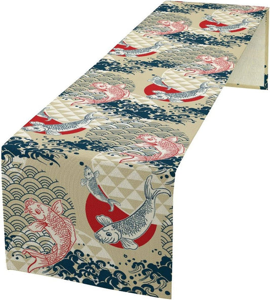 Japanese Table Runner Oriental Tradition Kio Fish Art Printed Burlap Runner Home Kitchen Dining Table Living Room Decor Fabric 1 Panel W13xL70in