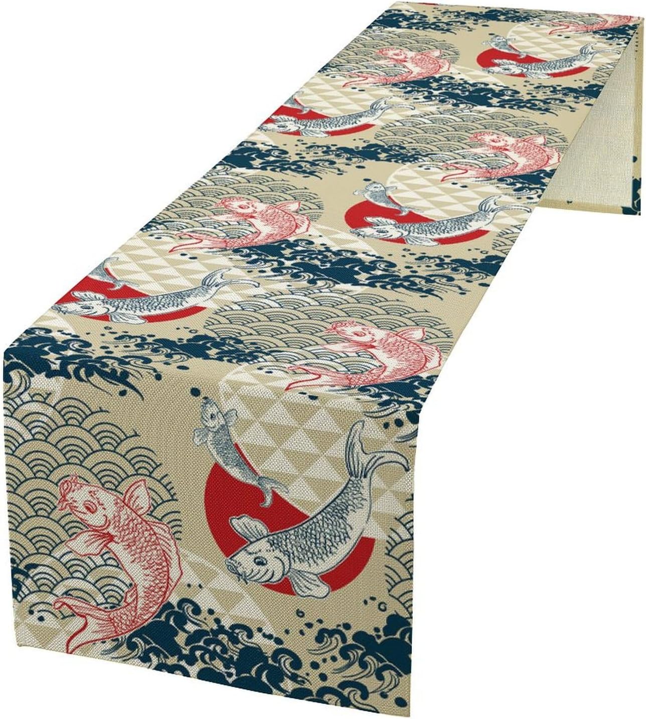Japanese Table Runner Oriental Tradition Kio Fish Art Printed Burlap Runner Home Kitchen Dining Table Living Room Decor Fabric 1 Panel W13xL120in