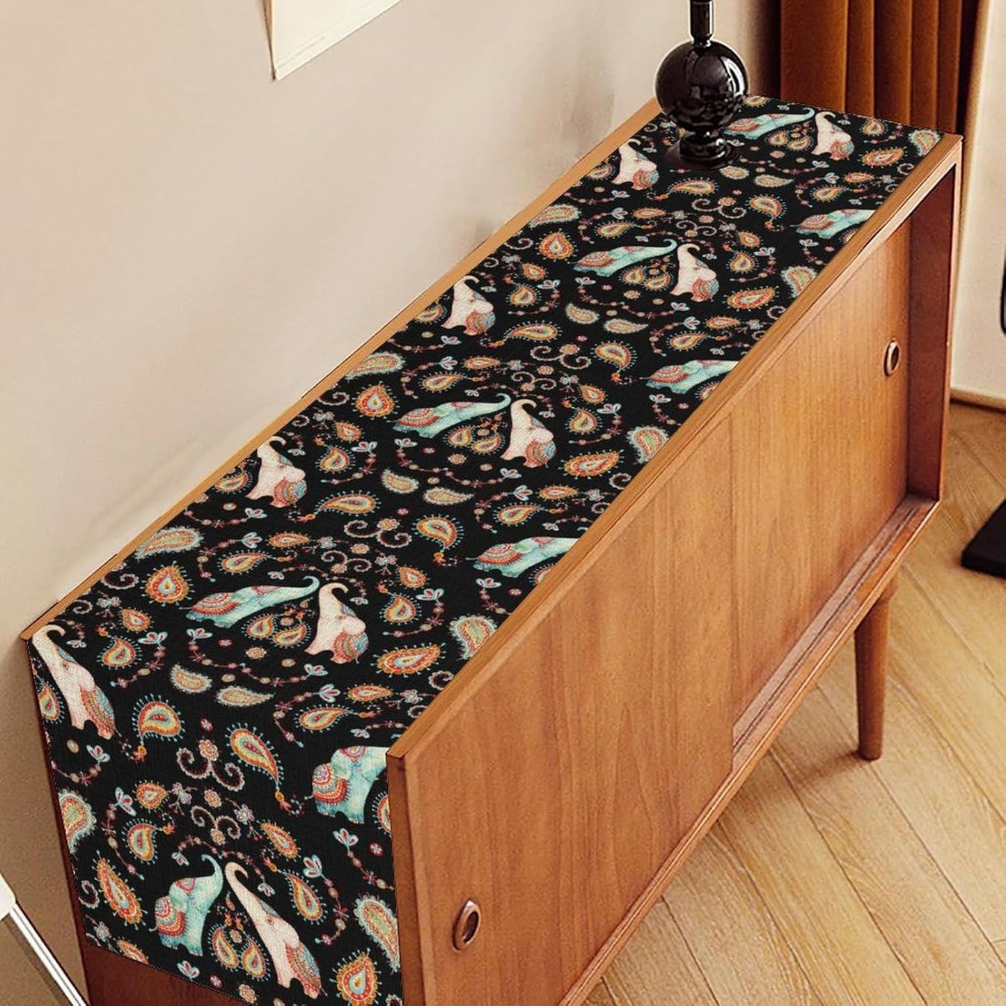 Boho Table Runner, Indian Bohemian Elephant Mandala Paisley Floral Hippie Art Print Table Center Decor for Home Kitchen Dining Patio Holiday Party Indoor Outdoor Table Decorations, 13"x72" Inch